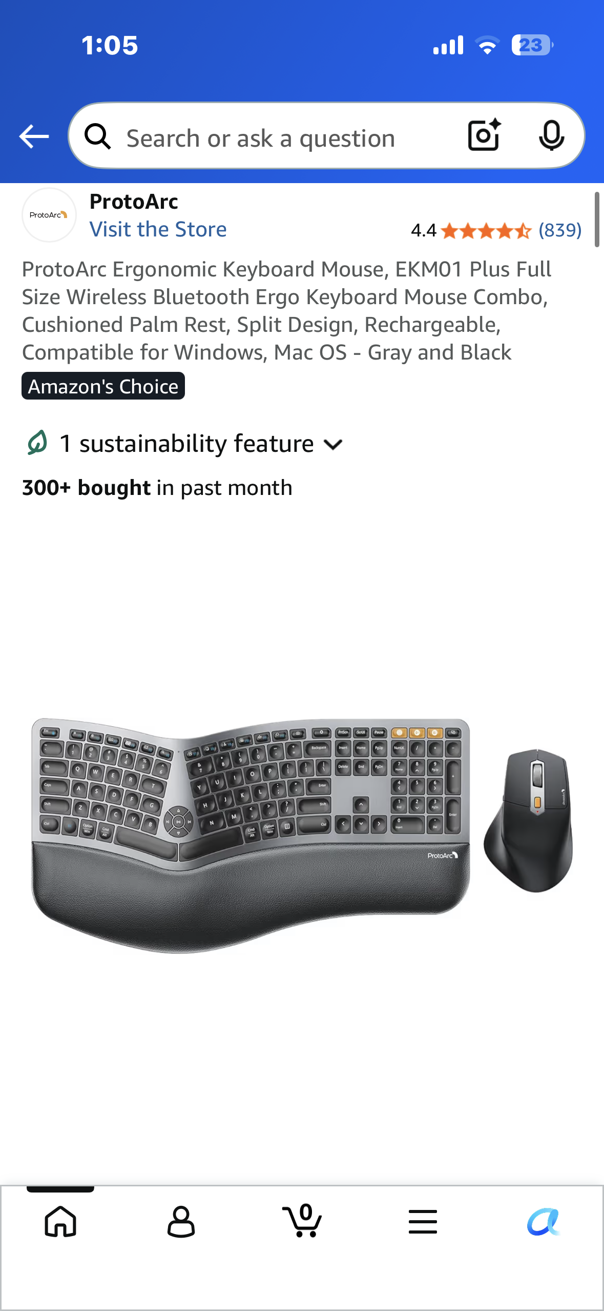 ProtoArc Ergonomic Keyboard Mouse, EKM01 Plus, Full Size Wireless Bluetooth Ergo Keyboard Mouse Combo, Cushioned Palm Rest, Split Design, Rechargeable