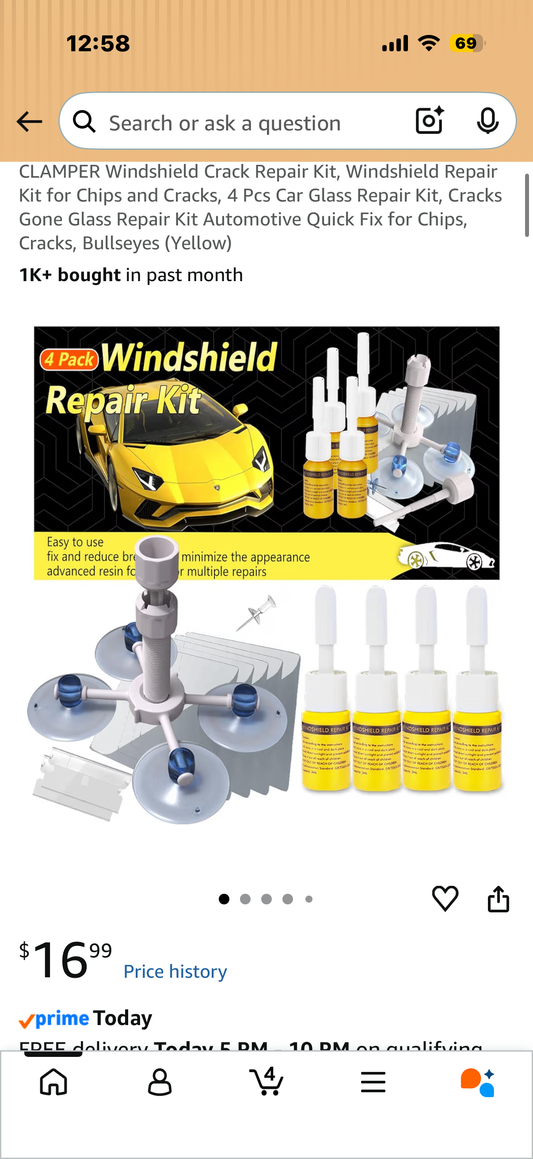 CLAMPER Windshield Crack Repair Kit, Windshield Repair Kit for Chips and Cracks, 4 Pcs Car Glass Repair Kit, Cracks Gone Glass Repair Kit Automotive Quick Fix for Chips, Cracks, Bullseyes (Yellow