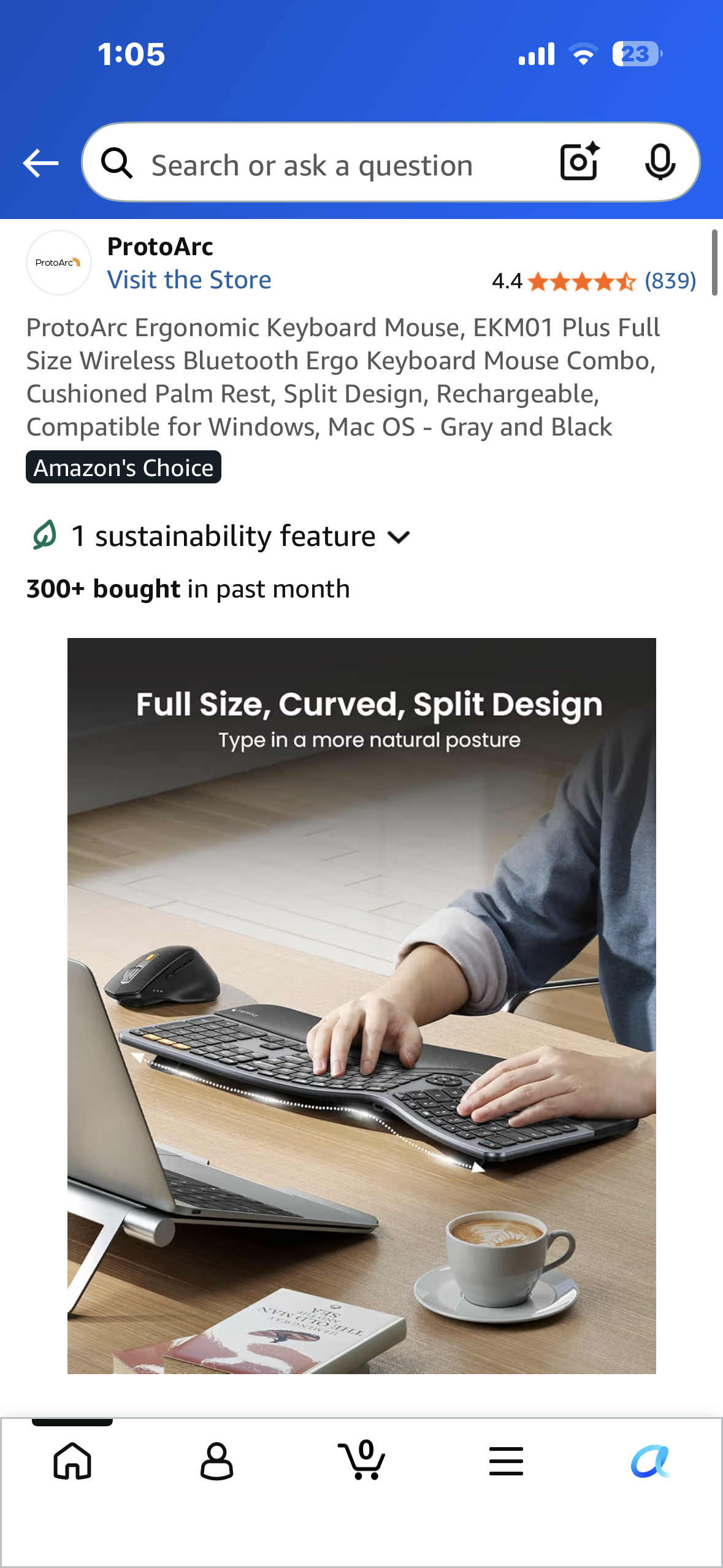 ProtoArc Ergonomic Keyboard Mouse, EKM01 Plus, Full Size Wireless Bluetooth Ergo Keyboard Mouse Combo, Cushioned Palm Rest, Split Design, Rechargeable