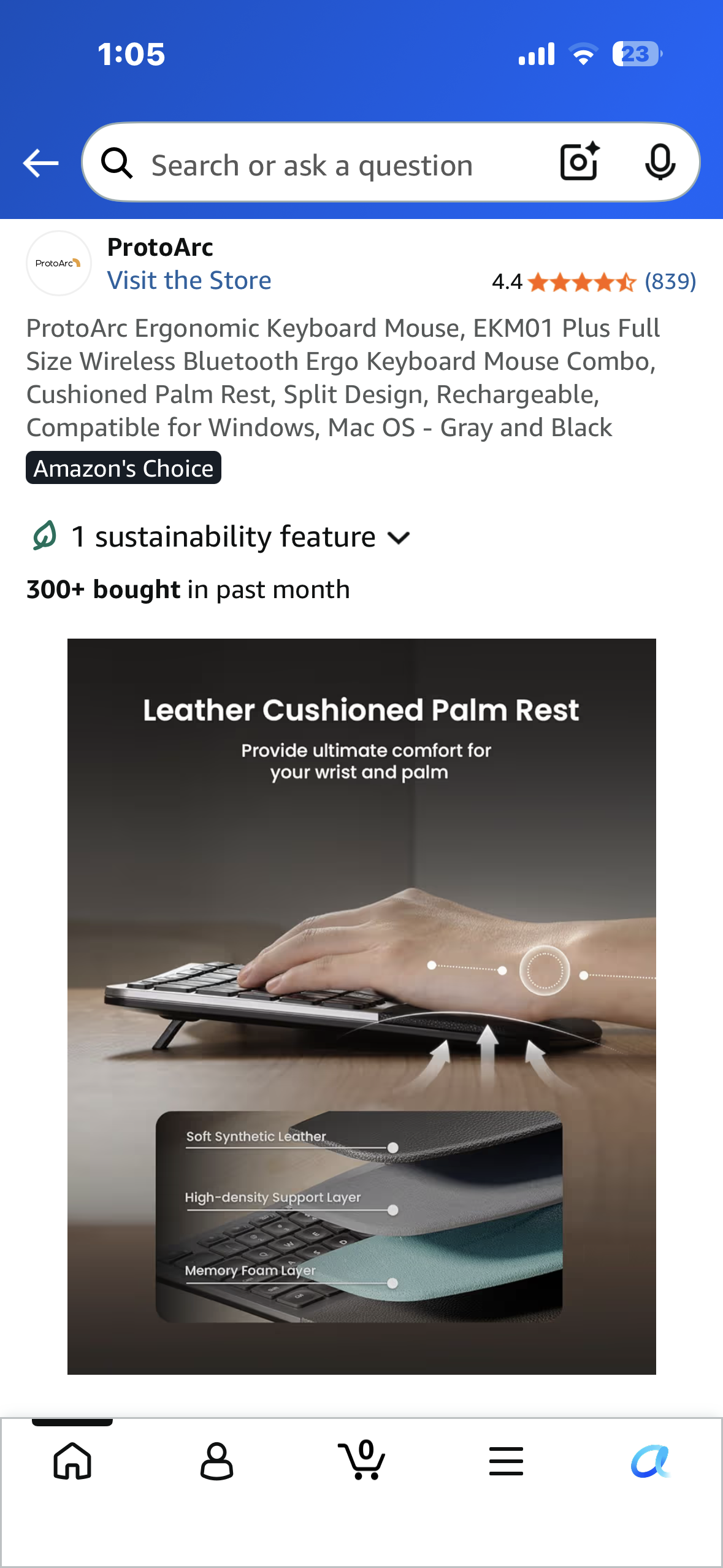 ProtoArc Ergonomic Keyboard Mouse, EKM01 Plus, Full Size Wireless Bluetooth Ergo Keyboard Mouse Combo, Cushioned Palm Rest, Split Design, Rechargeable