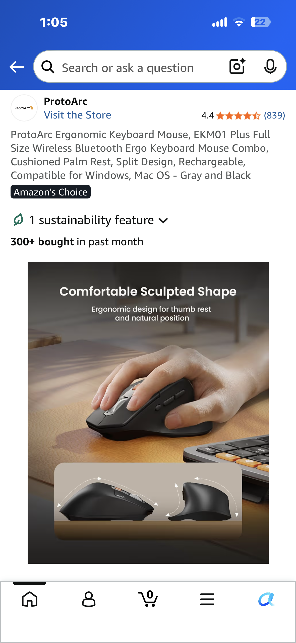 ProtoArc Ergonomic Keyboard Mouse, EKM01 Plus, Full Size Wireless Bluetooth Ergo Keyboard Mouse Combo, Cushioned Palm Rest, Split Design, Rechargeable