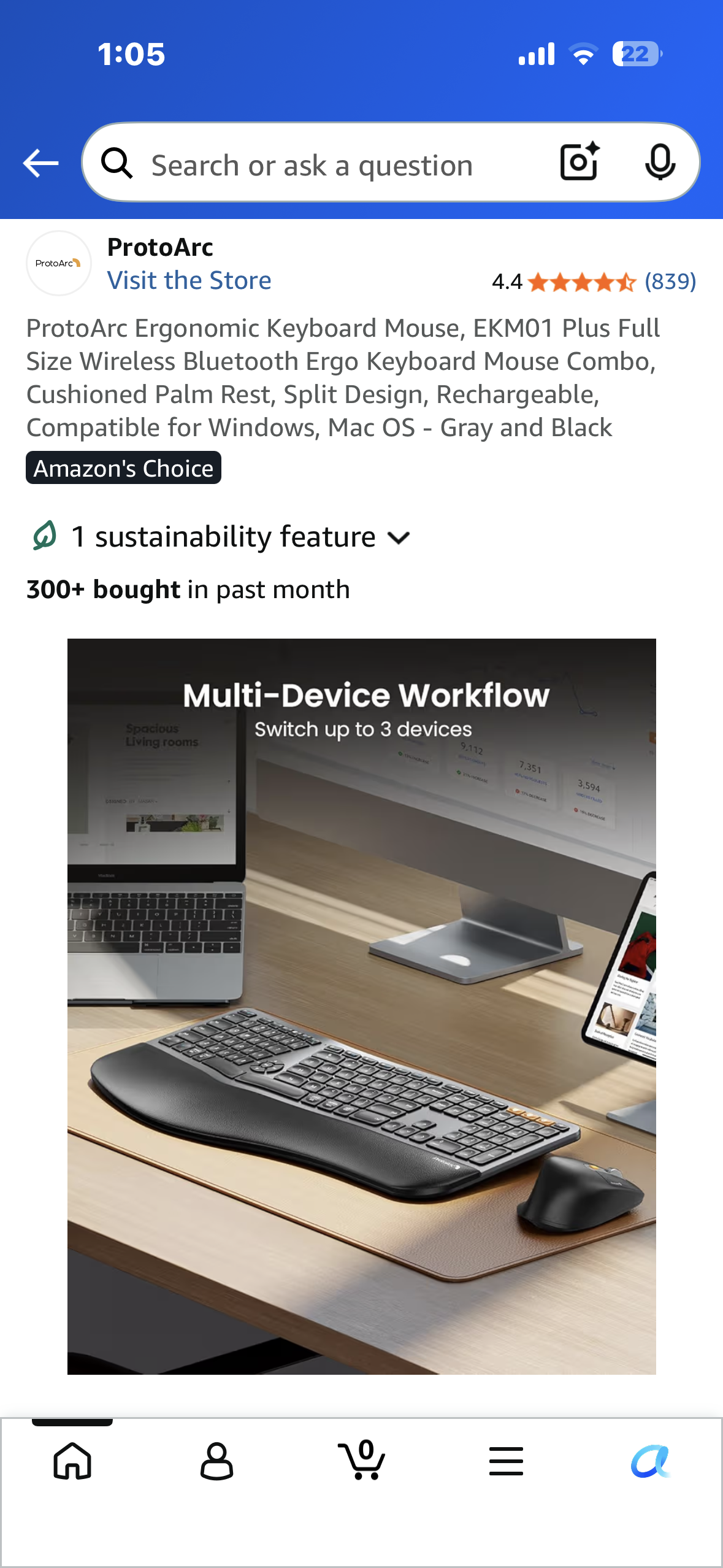 ProtoArc Ergonomic Keyboard Mouse, EKM01 Plus, Full Size Wireless Bluetooth Ergo Keyboard Mouse Combo, Cushioned Palm Rest, Split Design, Rechargeable