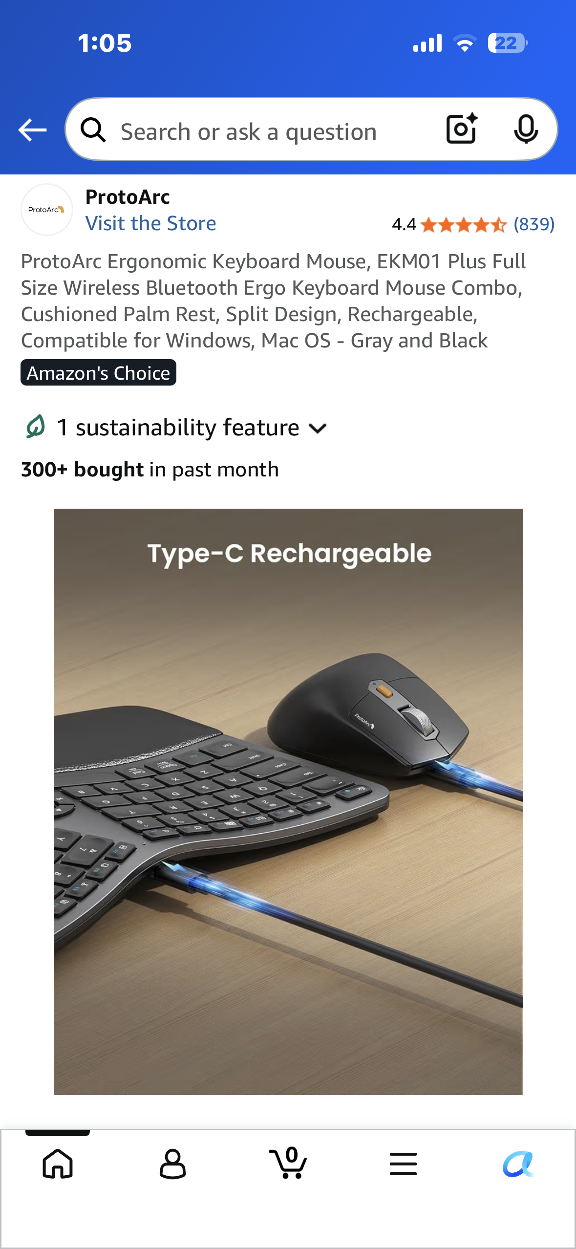 ProtoArc Ergonomic Keyboard Mouse, EKM01 Plus, Full Size Wireless Bluetooth Ergo Keyboard Mouse Combo, Cushioned Palm Rest, Split Design, Rechargeable