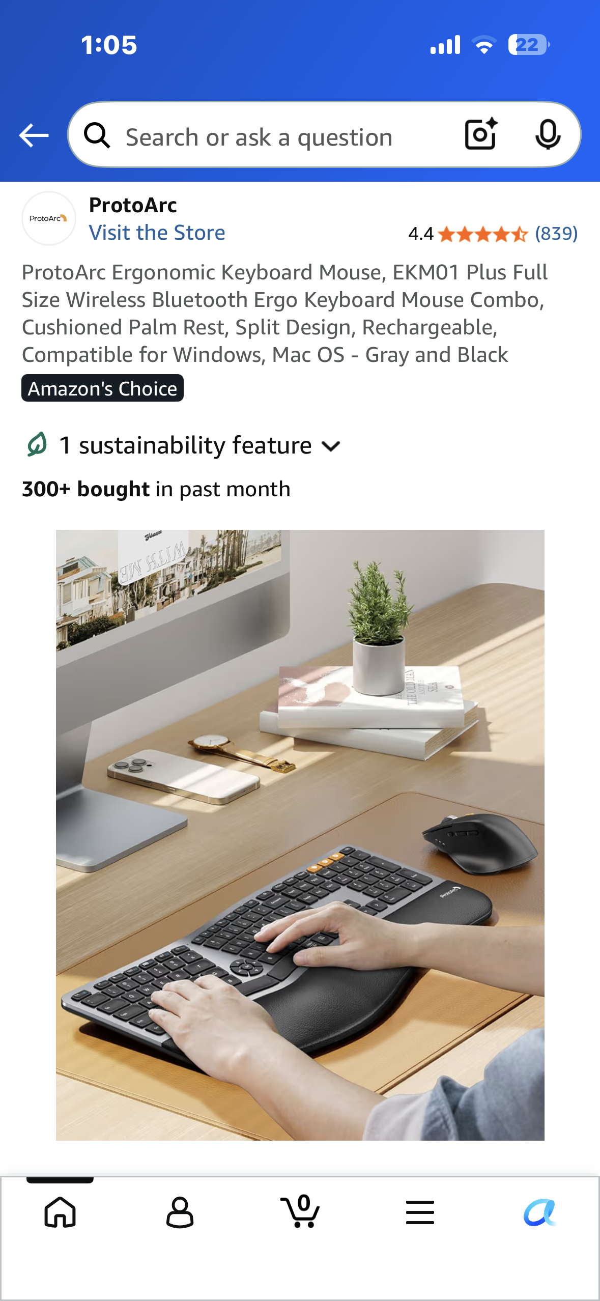 ProtoArc Ergonomic Keyboard Mouse, EKM01 Plus, Full Size Wireless Bluetooth Ergo Keyboard Mouse Combo, Cushioned Palm Rest, Split Design, Rechargeable