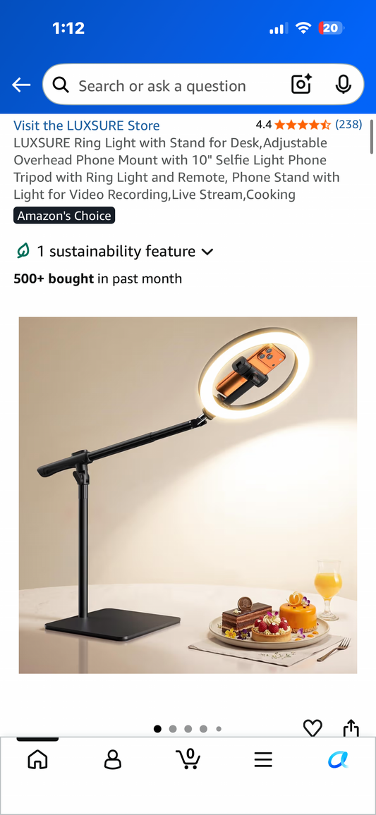 LUXSURE Ring Light with Stand, Adjustable Overhead Phone Mount with 10" Selfie Light, Phone Tripod, Ring Light and Remote, for Video Recording, Live Streaming’