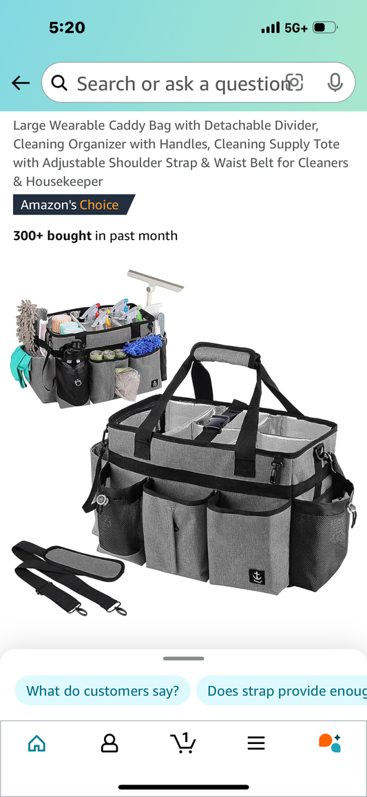 Large Wearable Caddy Bag with Detachable Divider, Cleaning Organizer with Handles, Cleaning Supply Tote with Adjustable Shoulder Strap & Waist Belt for Cleaners & Housekeeper