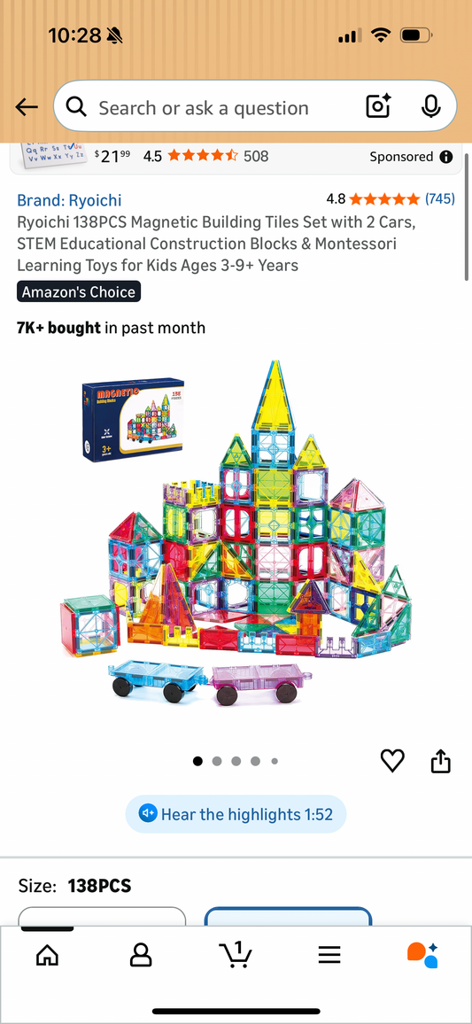 Ryoichi 138PCS Magnetic Building Tiles Set with 2 Cars, STEM Educational Construction Blocks & Montessori Learning Toys for Kids Ages 3-9+ Years