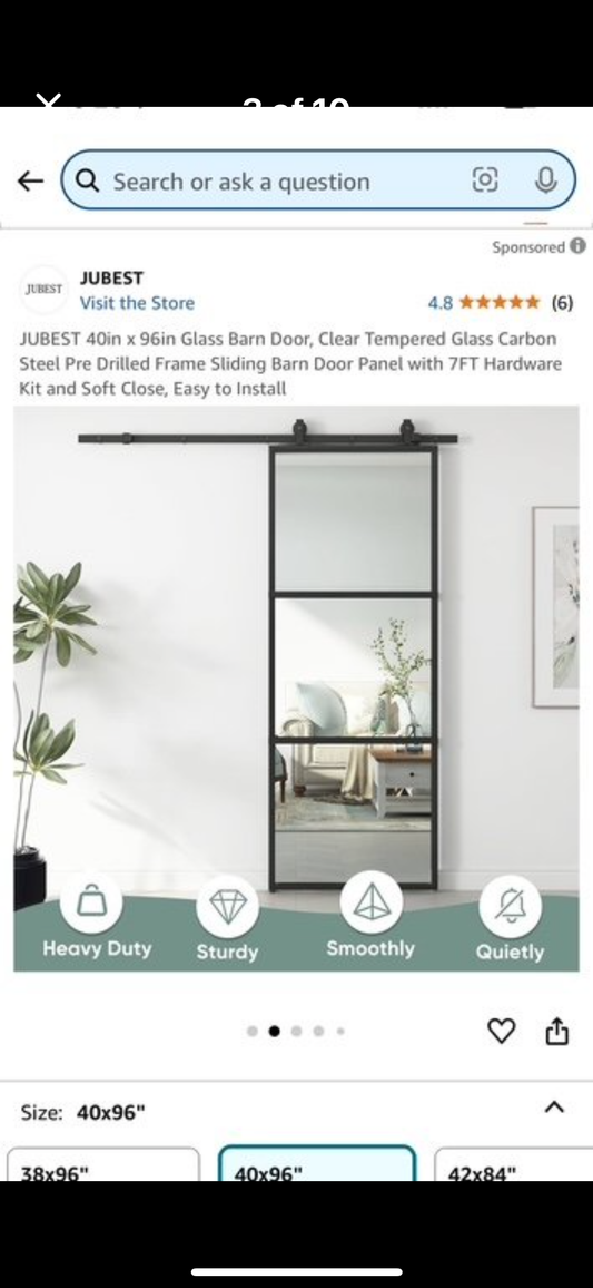 New - JUBEST 40”x 96” Glass Barn Door, Clear Tempered Glass, Carbon Steel Pre Drilled Frame, Sliding Barn Door Panel with 7’ Hardware Kit, Easy to Install (L543)