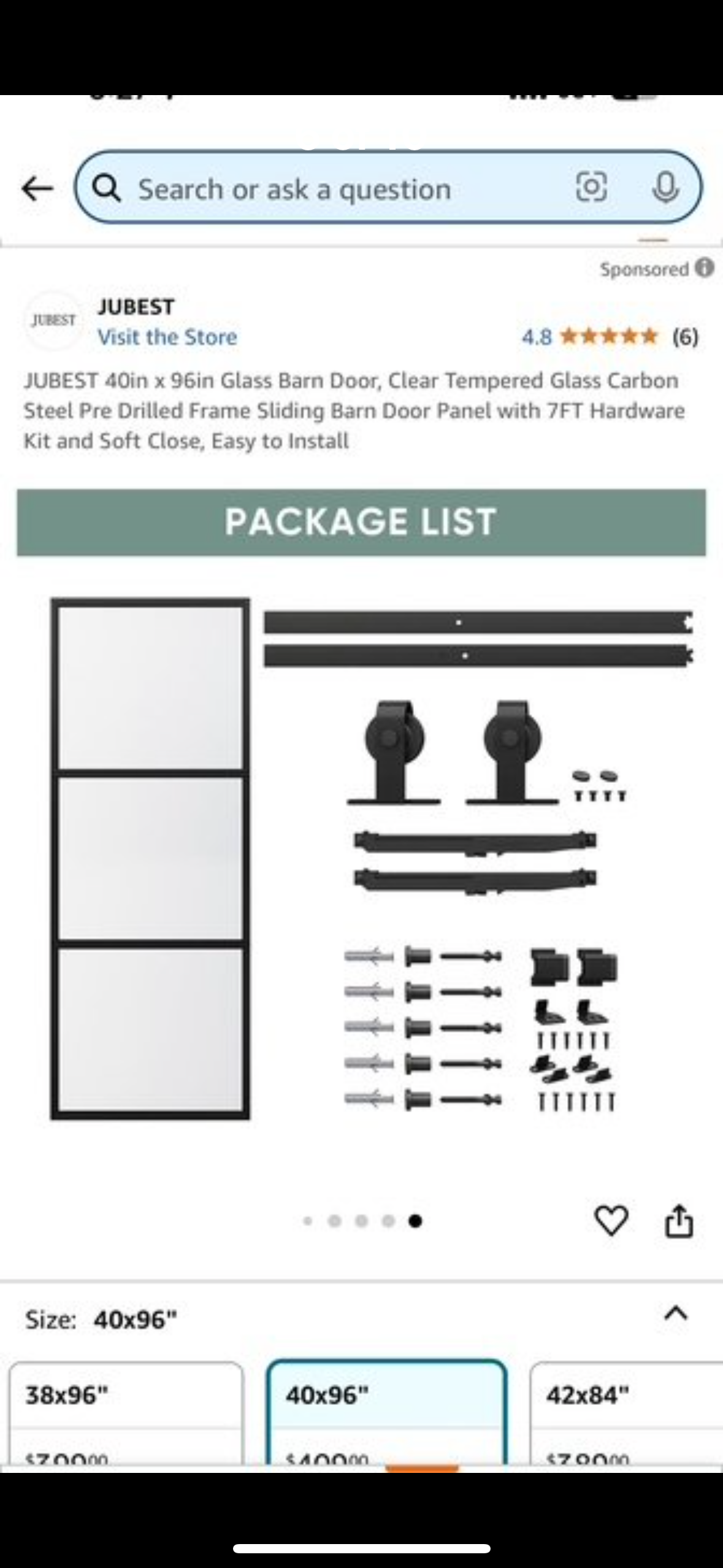 New - JUBEST 40”x 96” Glass Barn Door, Clear Tempered Glass, Carbon Steel Pre Drilled Frame, Sliding Barn Door Panel with 7’ Hardware Kit, Easy to Install (L543)