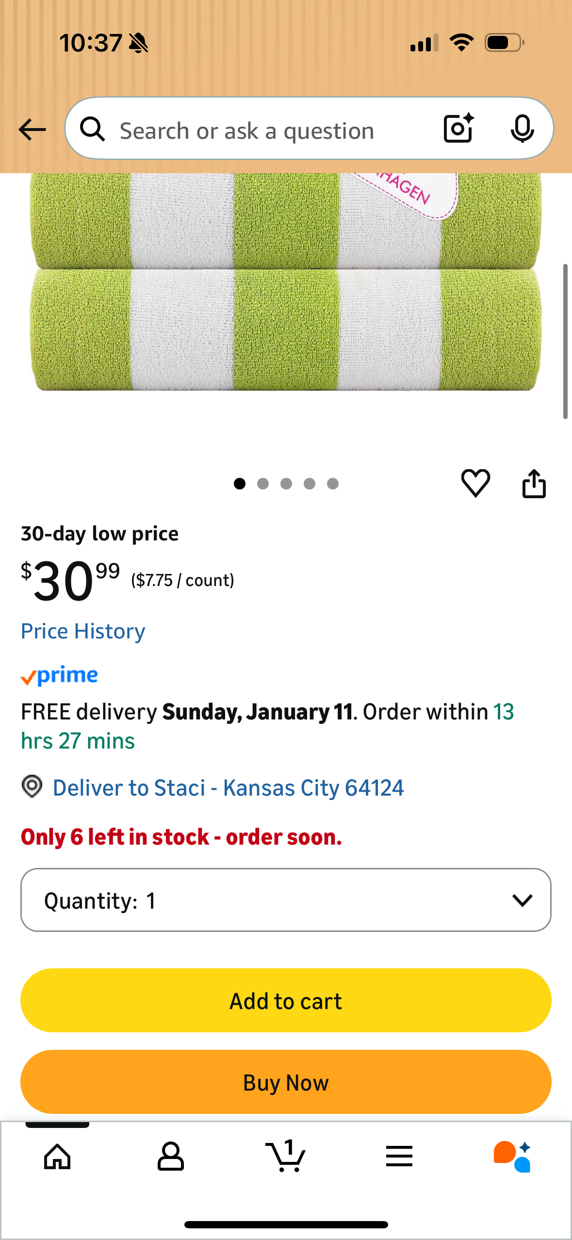 CASA COPENHAGEN Cabana Beach Designed in Denmark Rough and Tough, Quick Dry, Pool, Bath & Shower 30x60 inches 4 Pieces Cotton Beach Bath Towels Set - Green