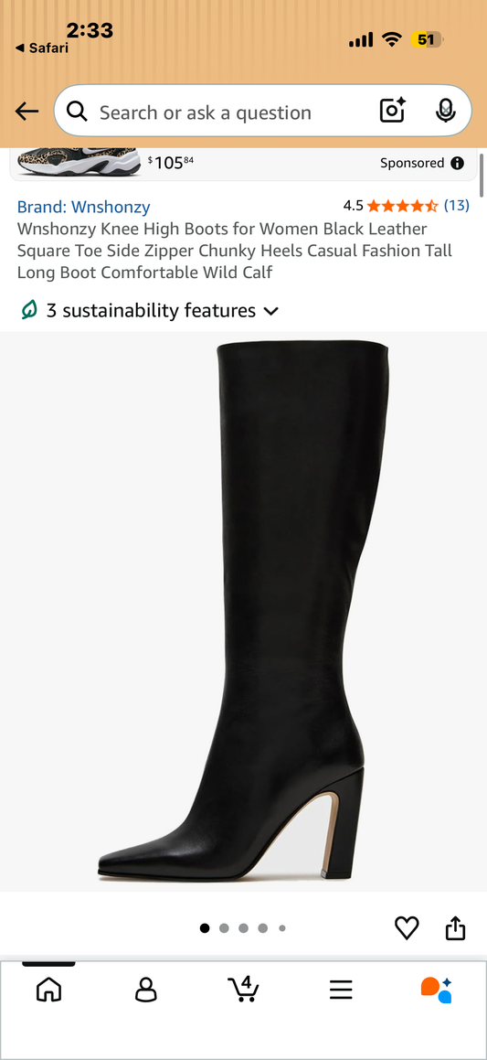 Wnshonzy Knee High Boots for Women Black Leather Square Toe Side Zipper Chunky Heels Casual Fashion Tall Long Boot Comfortable Wide Calf (Size 8)