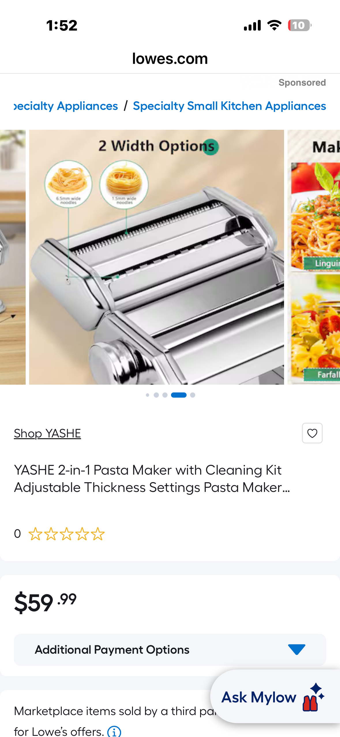 Pasta Maker Machine - Adjustable Thickness Settings, Aluminum Alloy Pasta Roller & 2 Width Cutters for Fresh Spaghetti, Fettuccini, Lasagna, Dumplings - Stainless Steel, Silver