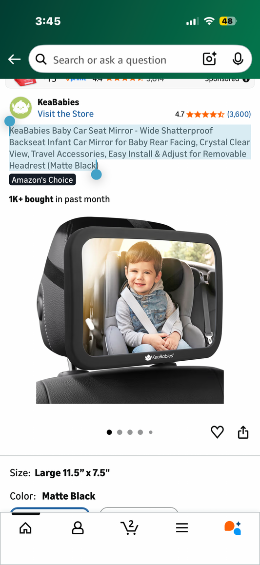 KeaBabies Baby Car Seat Mirror - Wide Shatterproof Backseat Infant Car Mirror for Baby Rear Facing, Crystal Clear View, Travel Accessories, Easy Install & Adjust for Removable Headrest (Matte Black