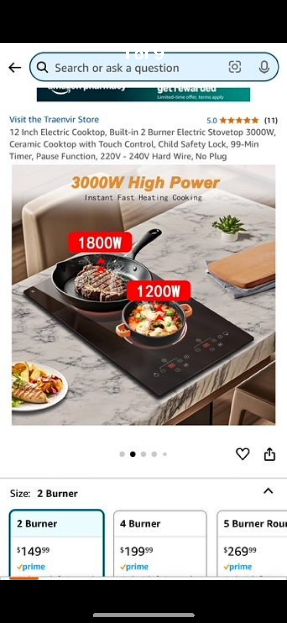 New - 12 Inch Electric Cooktop, Built-in 2 Burner Electric Stovetop 3000W, Ceramic Cooktop with Touch Control, Child Safety Lock (L532)