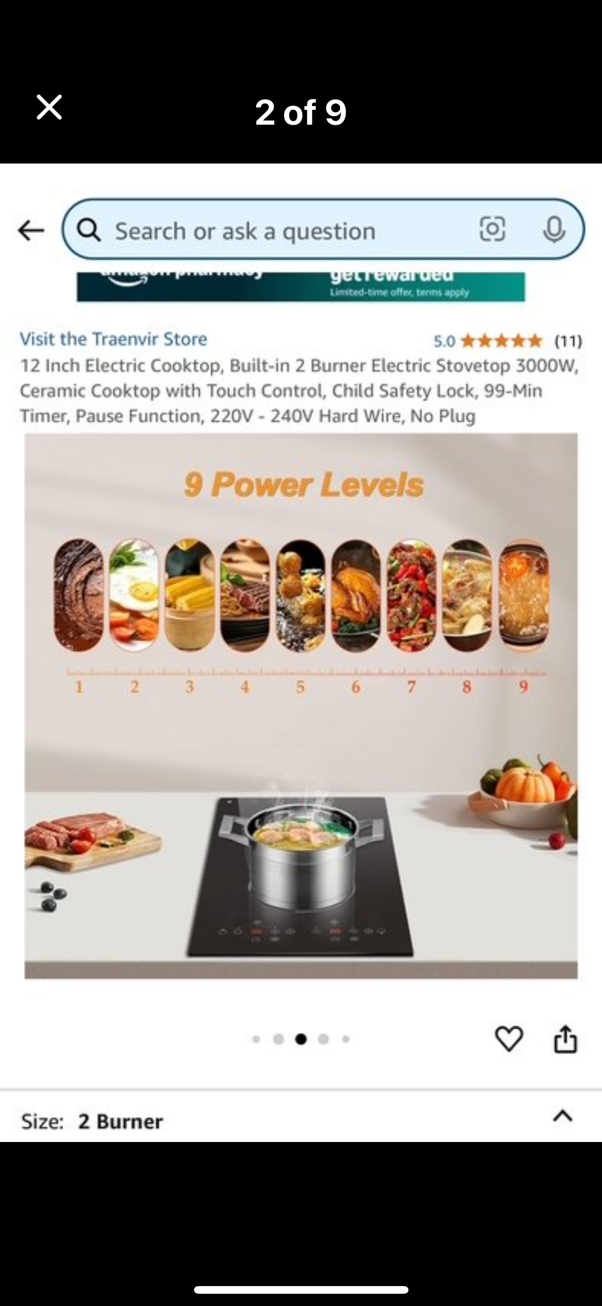 New - 12 Inch Electric Cooktop, Built-in 2 Burner Electric Stovetop 3000W, Ceramic Cooktop with Touch Control, Child Safety Lock (L532)