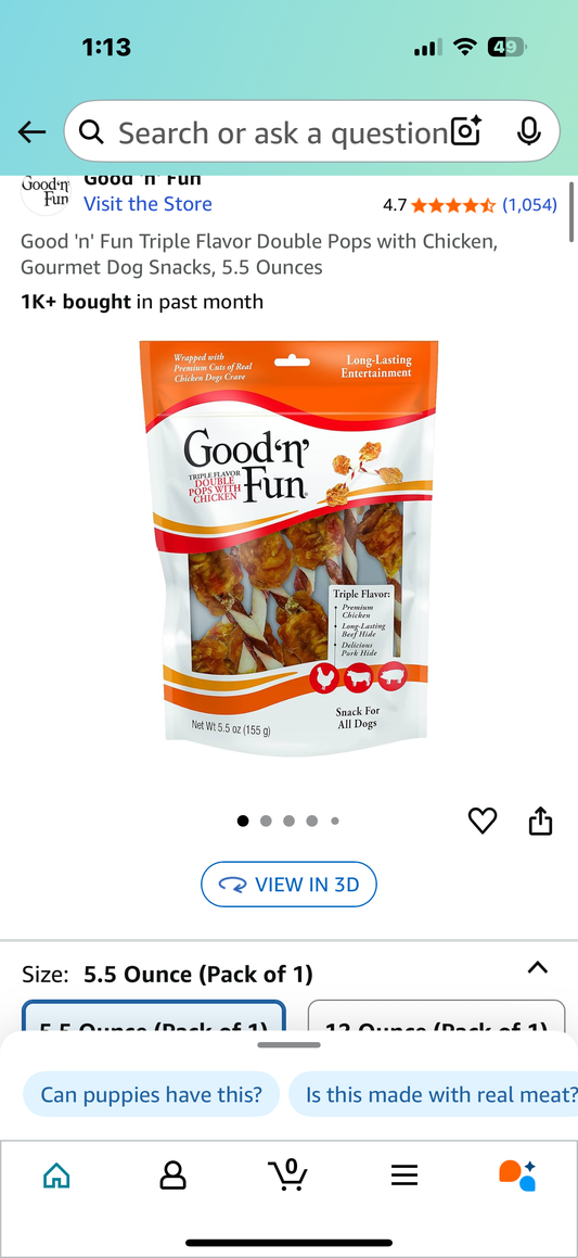 Good 'n' Fun Triple Flavor Double Pops with Chicken, Gourmet Dog Snacks, 5.5 Ounces