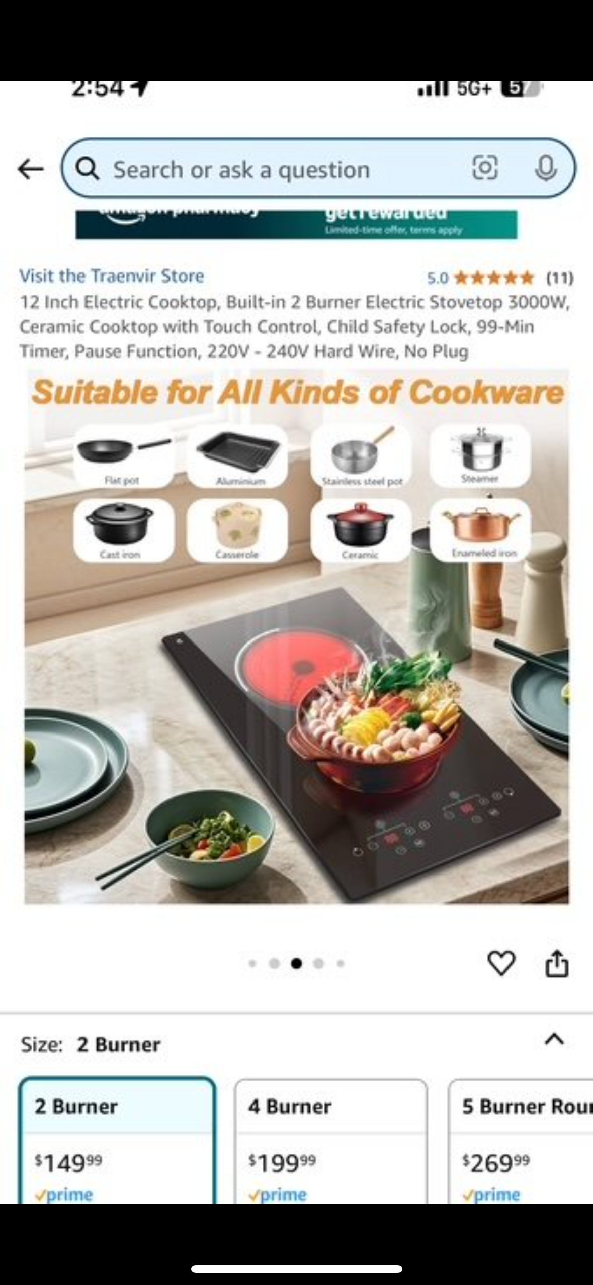 New - 12 Inch Electric Cooktop, Built-in 2 Burner Electric Stovetop 3000W, Ceramic Cooktop with Touch Control, Child Safety Lock (L532)