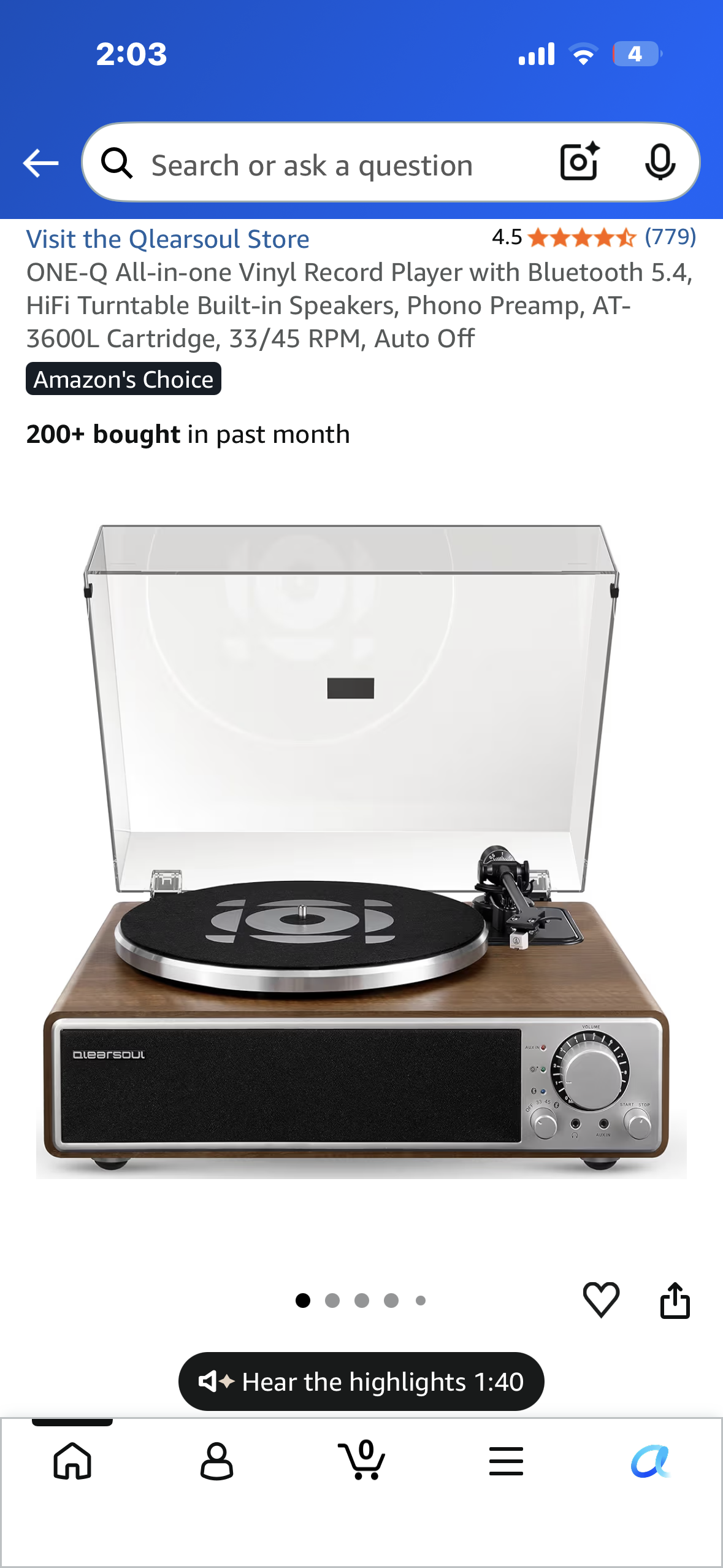 ONE-Q All-in-one Vinyl Record Player with Bluetooth 5.4, HiFi Turntable Built-in Speakers, Phono Preamp, AT-3600L Cartridge, 33/45 RPM, Auto Off