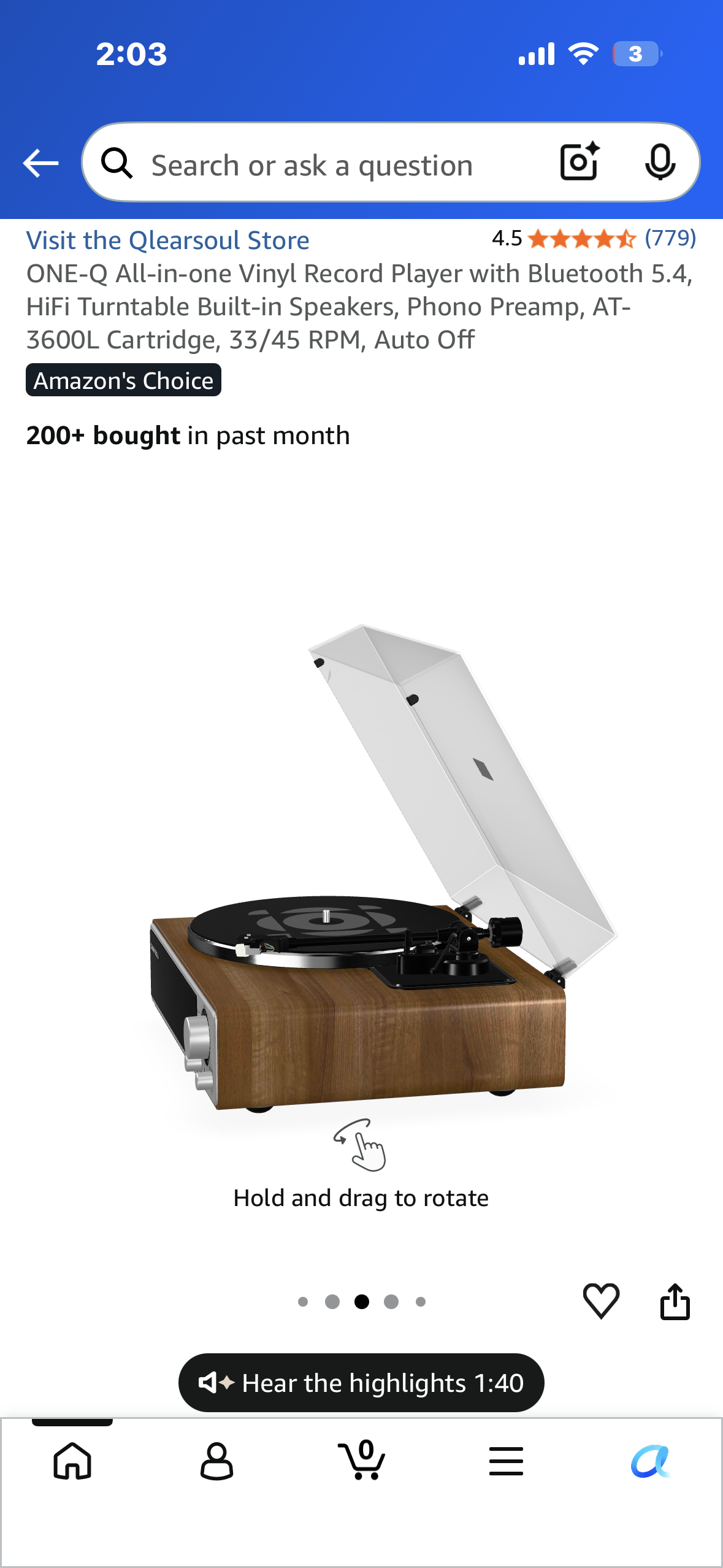 ONE-Q All-in-one Vinyl Record Player with Bluetooth 5.4, HiFi Turntable Built-in Speakers, Phono Preamp, AT-3600L Cartridge, 33/45 RPM, Auto Off