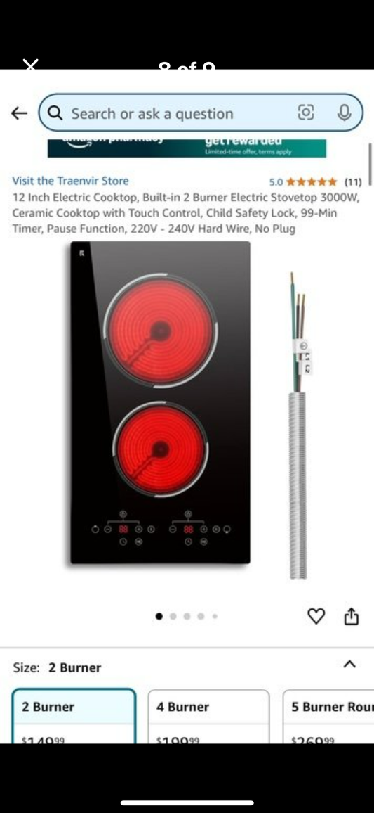 New - 12 Inch Electric Cooktop, Built-in 2 Burner Electric Stovetop 3000W, Ceramic Cooktop with Touch Control, Child Safety Lock (L532)
