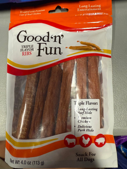 Good ‘n’ Fun Triple Flavor Ribs Chews for All Dogs, 6 Ounces, Treat Your Dog to Long-Lasting Chews Made with Beef Hide, Chicken and Pork Hide