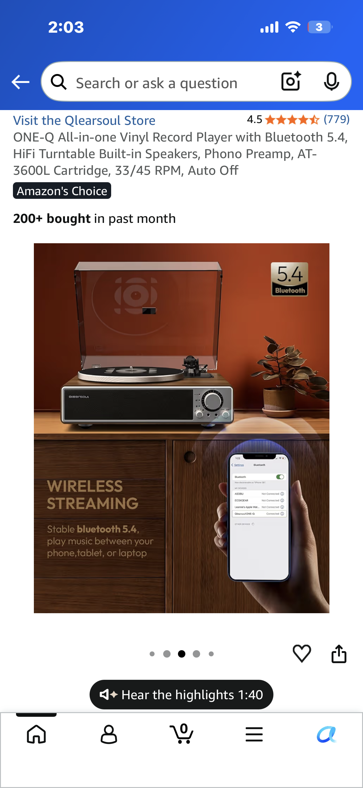 ONE-Q All-in-one Vinyl Record Player with Bluetooth 5.4, HiFi Turntable Built-in Speakers, Phono Preamp, AT-3600L Cartridge, 33/45 RPM, Auto Off