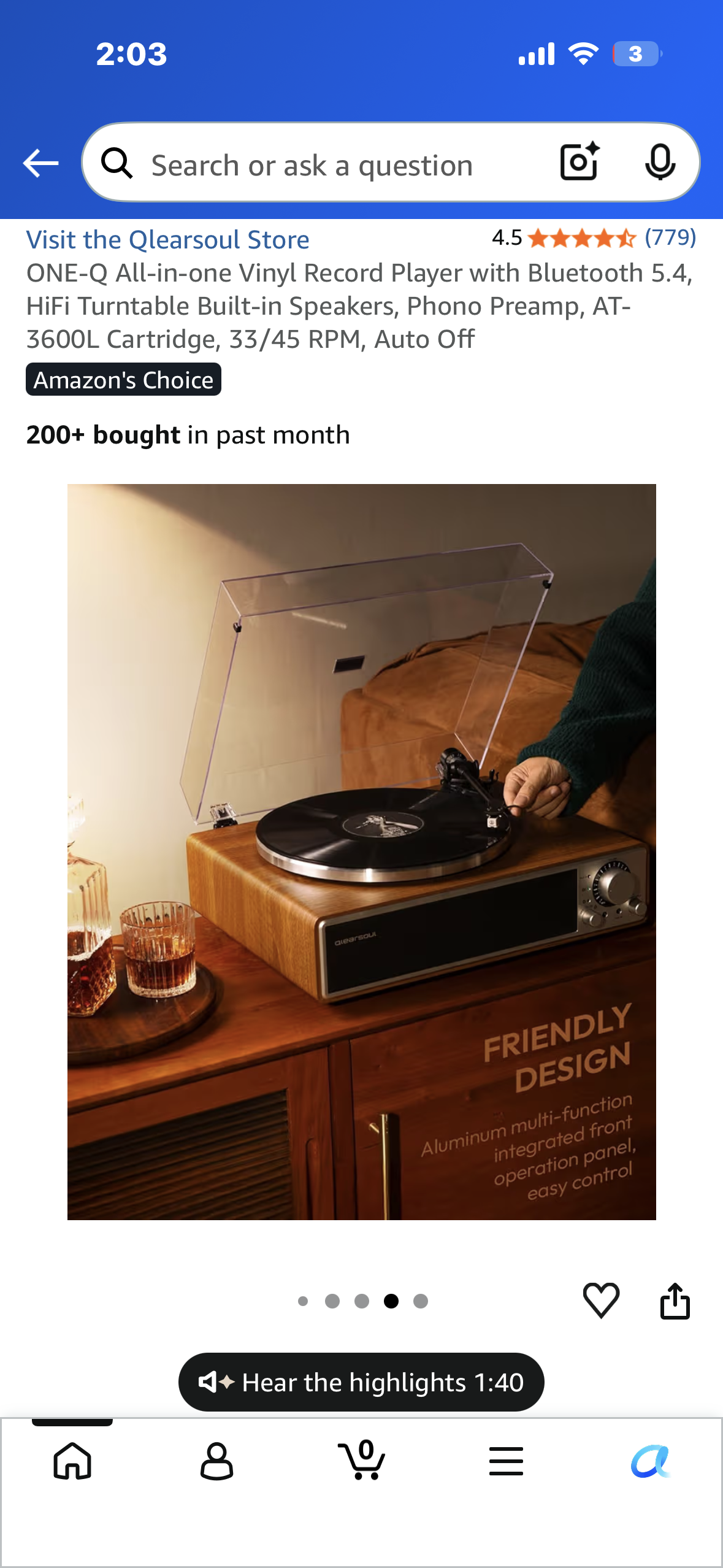 ONE-Q All-in-one Vinyl Record Player with Bluetooth 5.4, HiFi Turntable Built-in Speakers, Phono Preamp, AT-3600L Cartridge, 33/45 RPM, Auto Off
