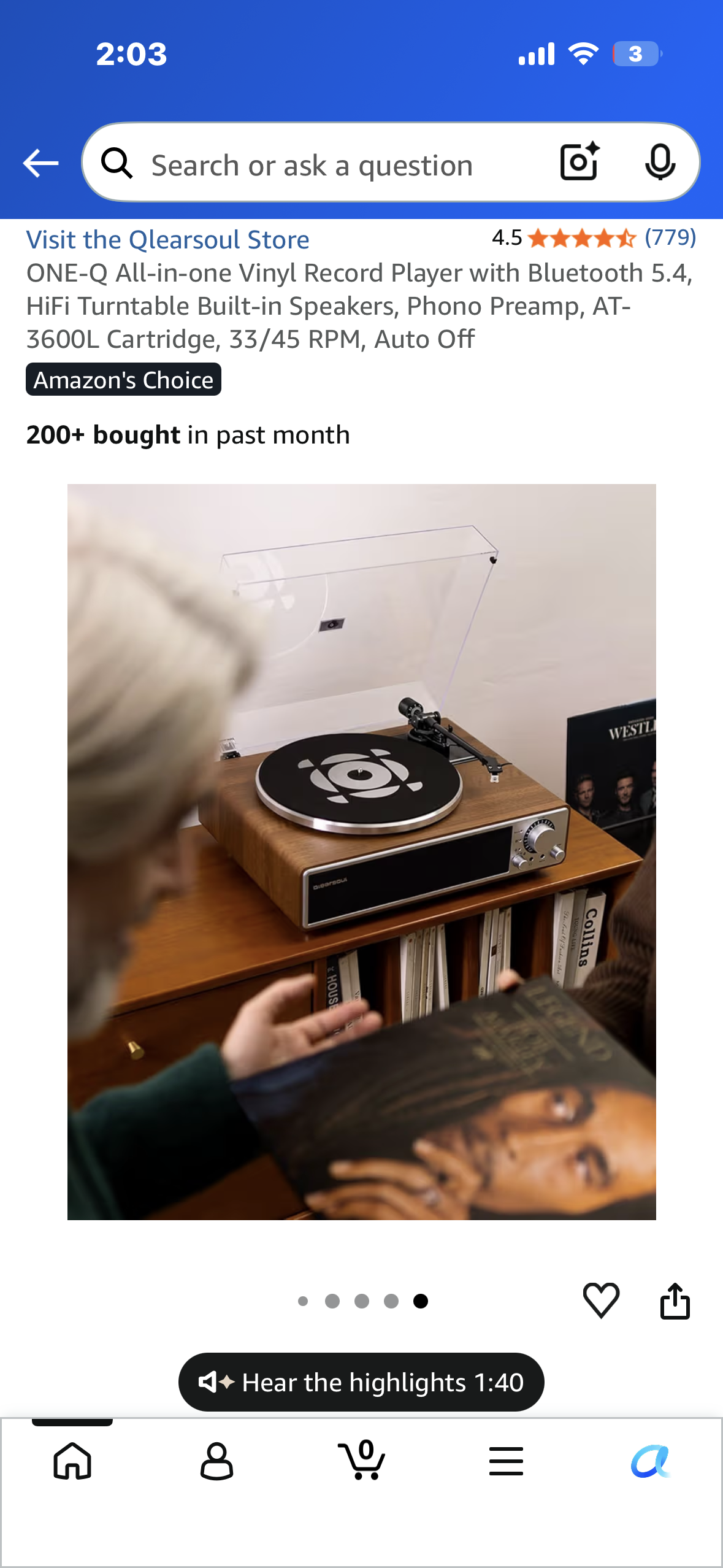 ONE-Q All-in-one Vinyl Record Player with Bluetooth 5.4, HiFi Turntable Built-in Speakers, Phono Preamp, AT-3600L Cartridge, 33/45 RPM, Auto Off