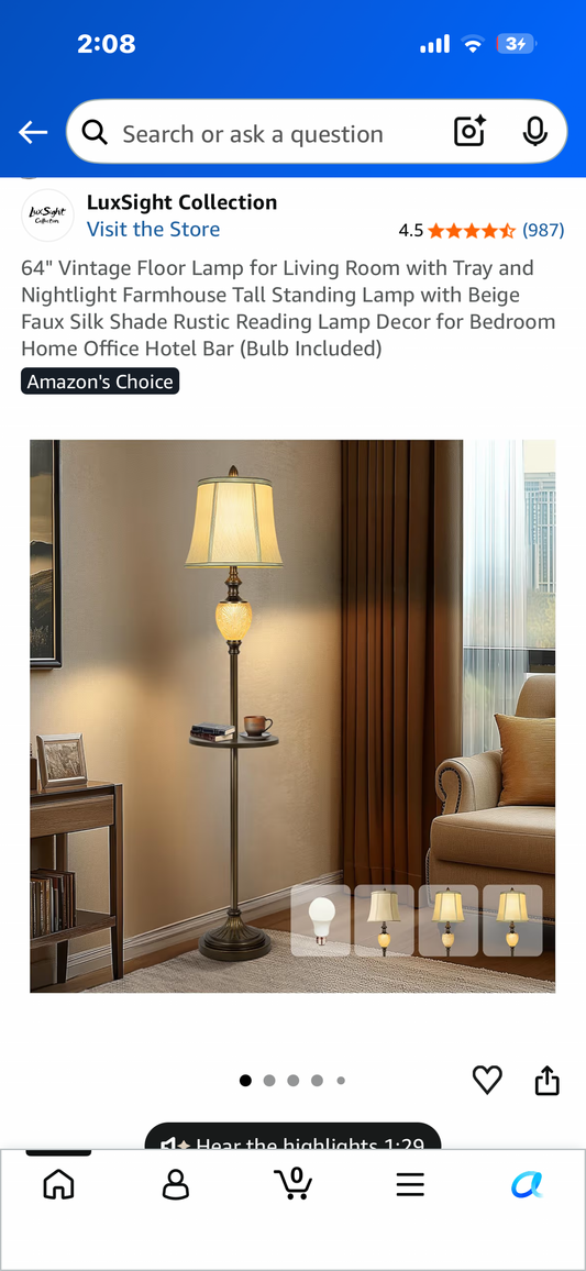 64" Vintage Floor Lamp for Living Room with Tray and Nightlight, Farmhouse Standing Lamp with Beige Faux Silk Shade, Rustic Reading Lamp Decor for Bedroom  Home, Office, Hotel, Bar