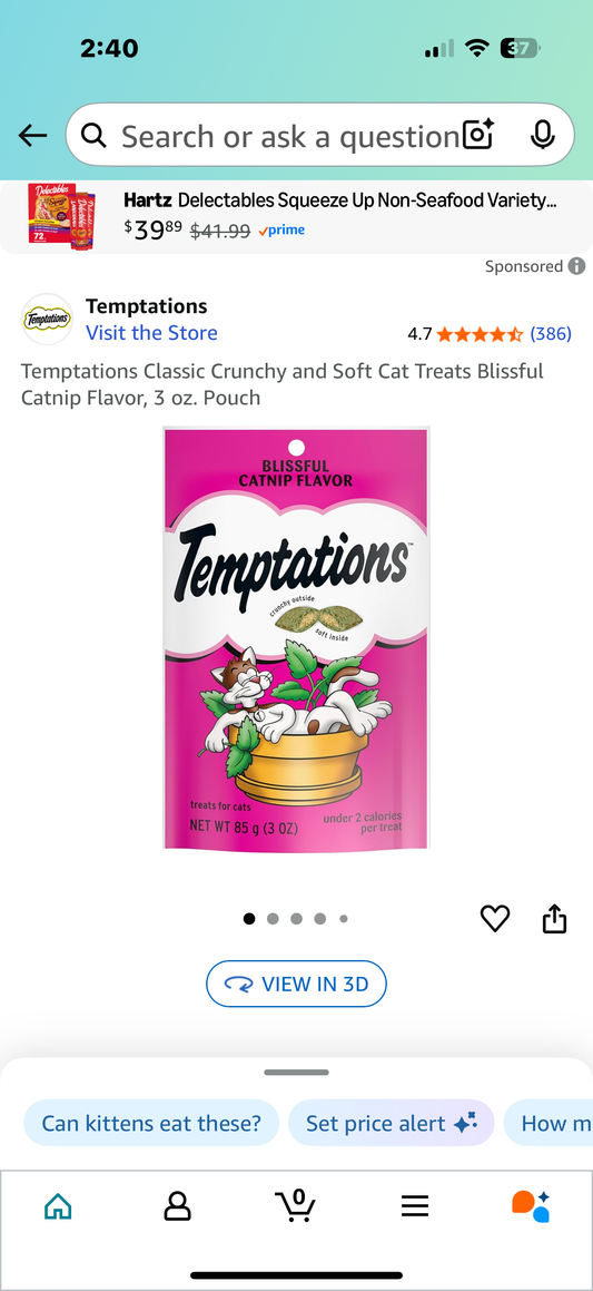 2 packets Temptations Classic Crunchy and Soft Cat Treats Blissful Catnip Flavor, 3 oz. Pouch