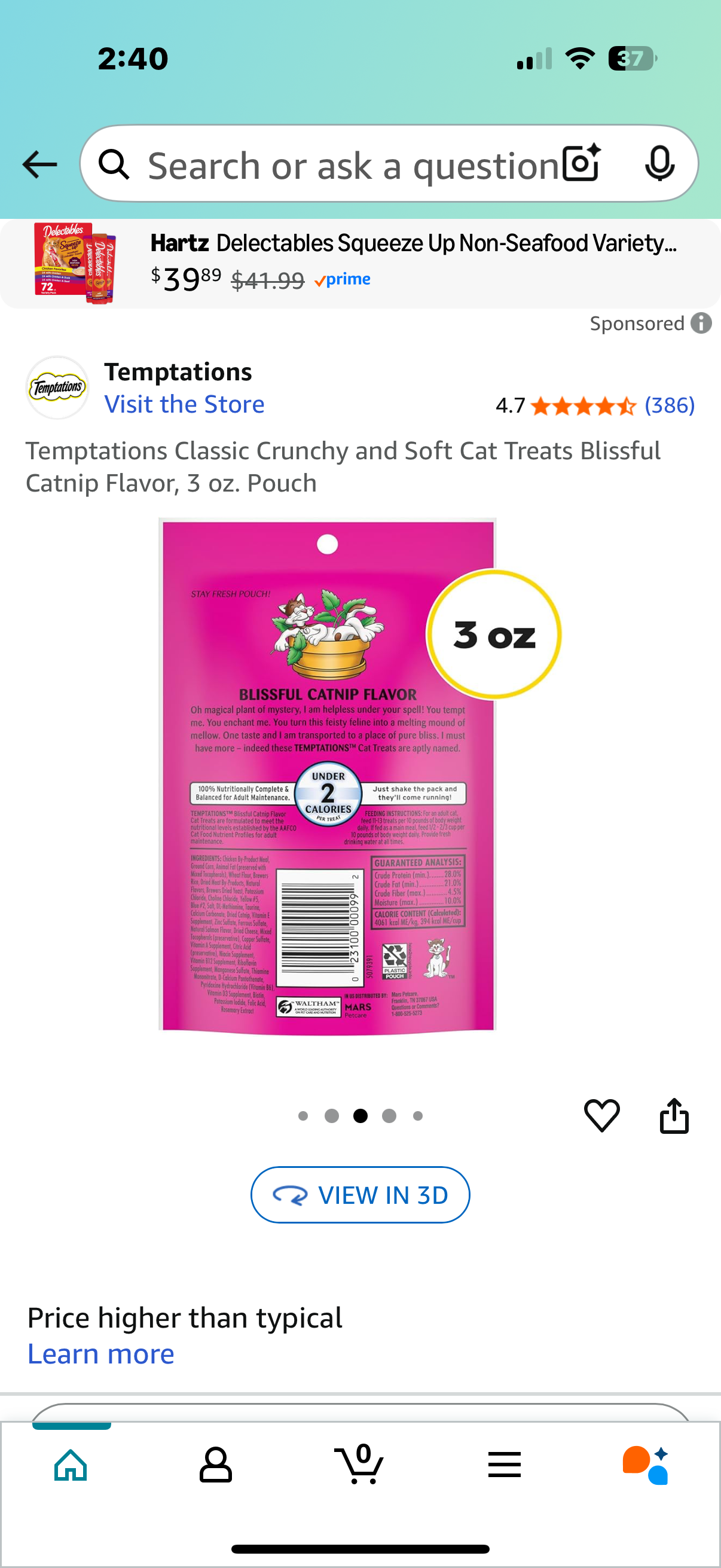 2 packets Temptations Classic Crunchy and Soft Cat Treats Blissful Catnip Flavor, 3 oz. Pouch