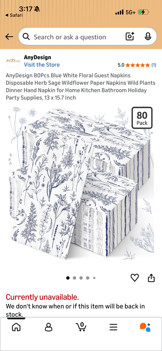 AnyDesign 80Pcs Blue White Floral Guest Napkins Disposable Herb Sage Wildflower Paper Napkins Wild Plants Dinner Hand Napkin for Home Kitchen Bathroom Holiday Party Supplies, 13 x 15.7 Inch