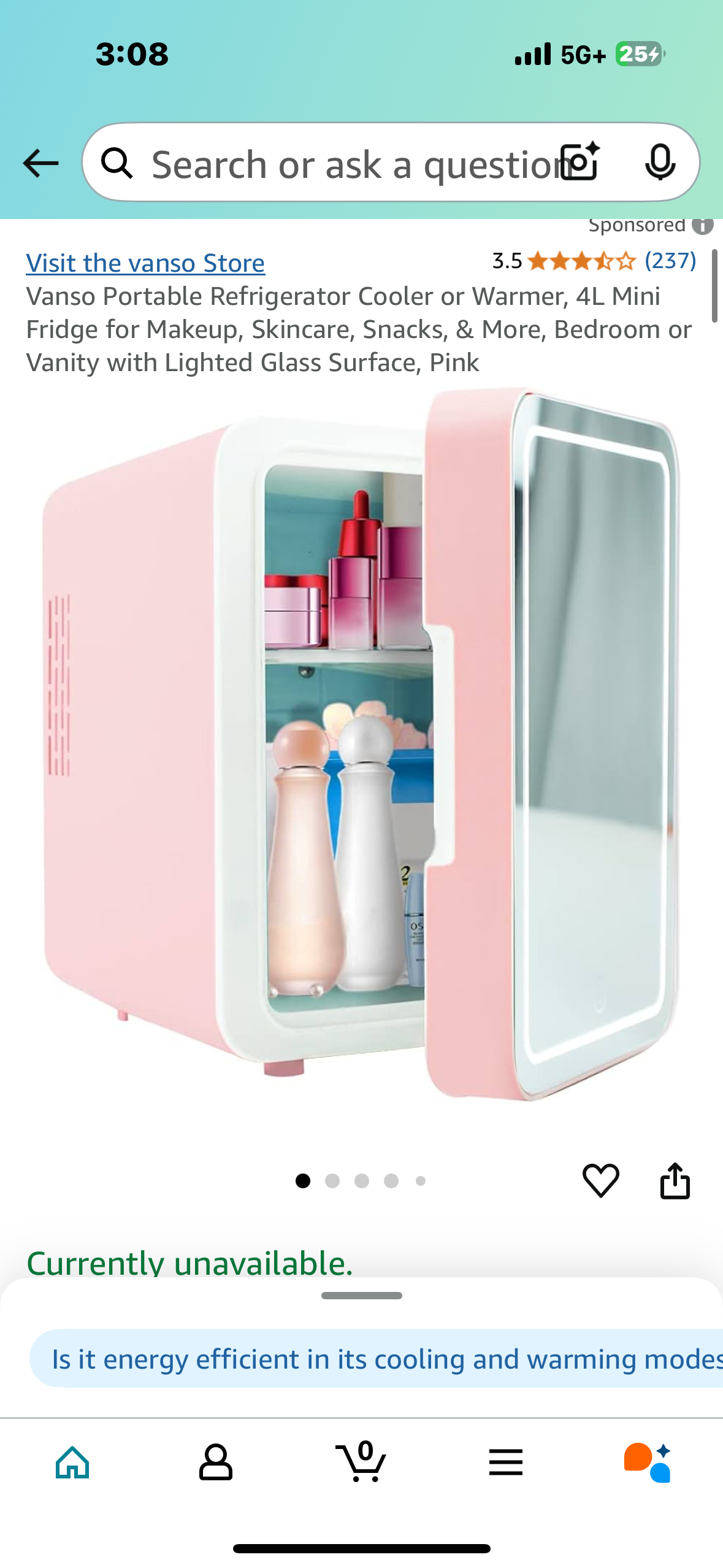 Vanso Portable Refrigerator Cooler or Warmer, 4L Mini Fridge for Makeup, Skincare, Snacks, & More, Bedroom or Vanity with Lighted Glass Surface, Pink