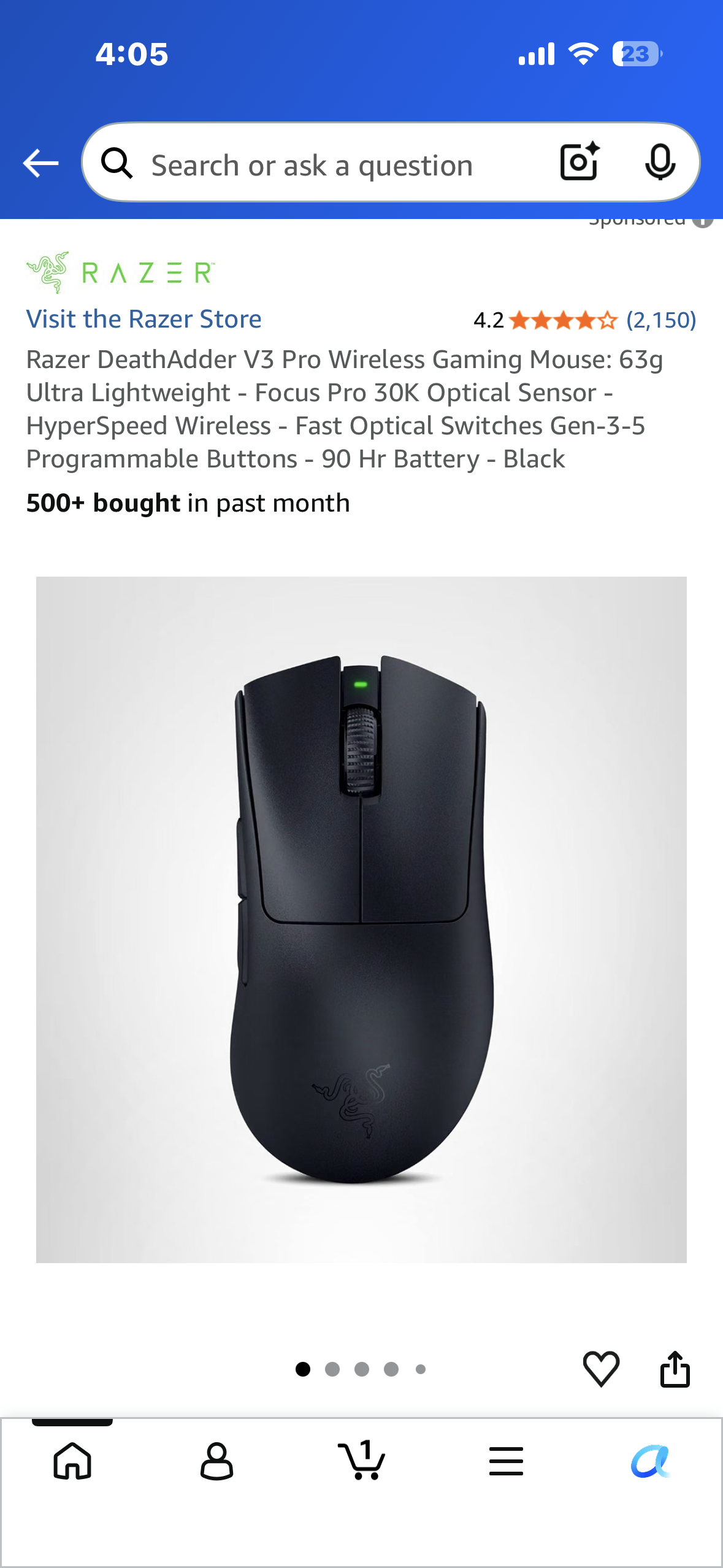 Razer DeathAdder V3 Pro Wireless Gaming Mouse: 63g Ultra Lightweight - Focus Pro 30K Optical Sensor - HyperSpeed Wireless - Fast Optical Switches Gen-3-5 Programmable Buttons - 90 Hr Battery - Black