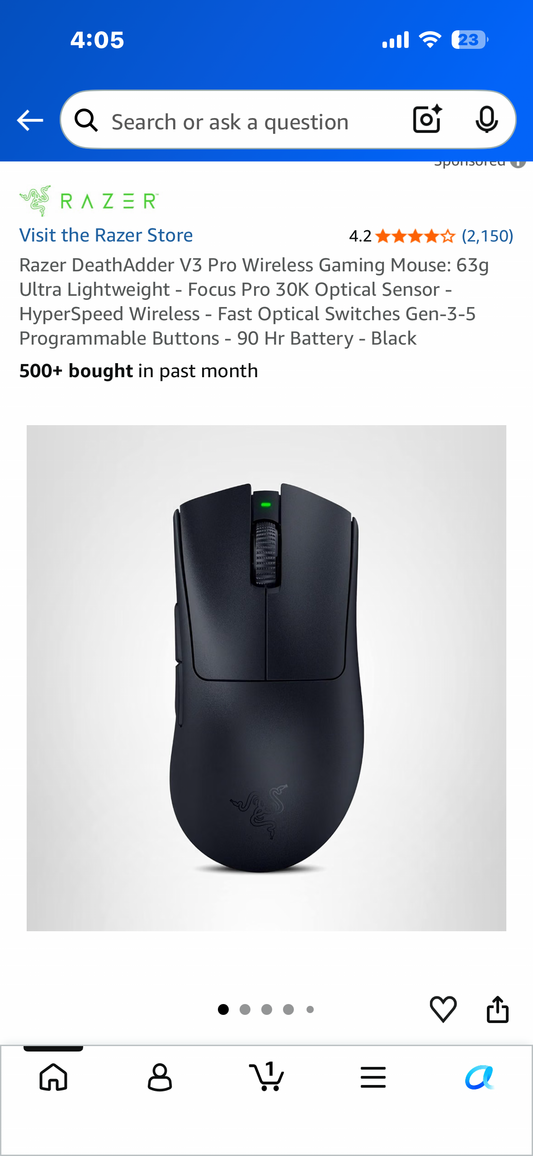 Razer DeathAdder V3 Pro Wireless Gaming Mouse: 63g Ultra Lightweight - Focus Pro 30K Optical Sensor - HyperSpeed Wireless - Fast Optical Switches Gen-3-5 Programmable Buttons - 90 Hr Battery - Black