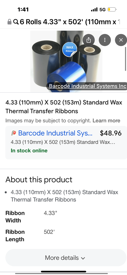 6 Rolls 4.33" x 502' (110mm x 153m) Enhanced Wax Thermal Transfer Ribbon, Core 1", Black, CSO (Coated Side Out), Barcode Ribbon Compatible with Intermec Printers