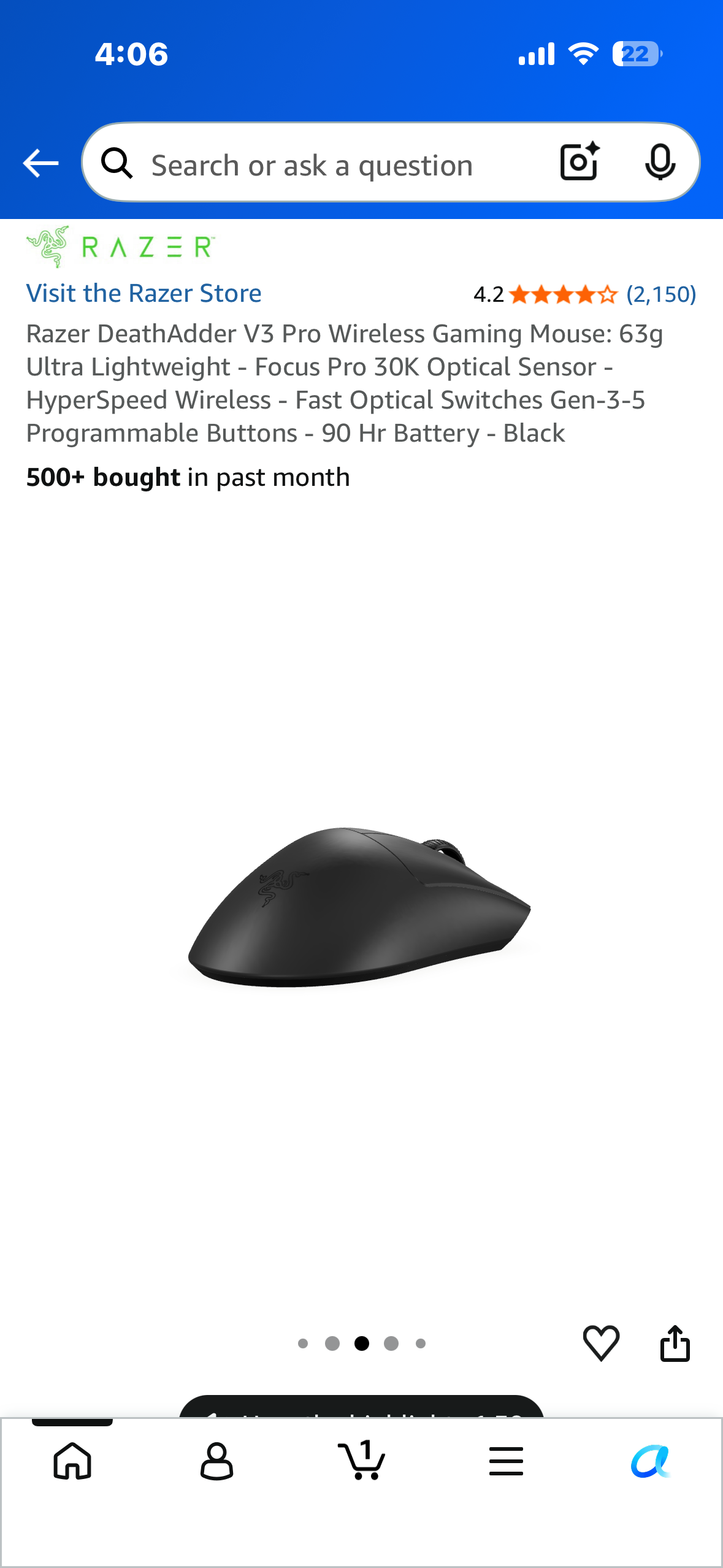 Razer DeathAdder V3 Pro Wireless Gaming Mouse: 63g Ultra Lightweight - Focus Pro 30K Optical Sensor - HyperSpeed Wireless - Fast Optical Switches Gen-3-5 Programmable Buttons - 90 Hr Battery - Black