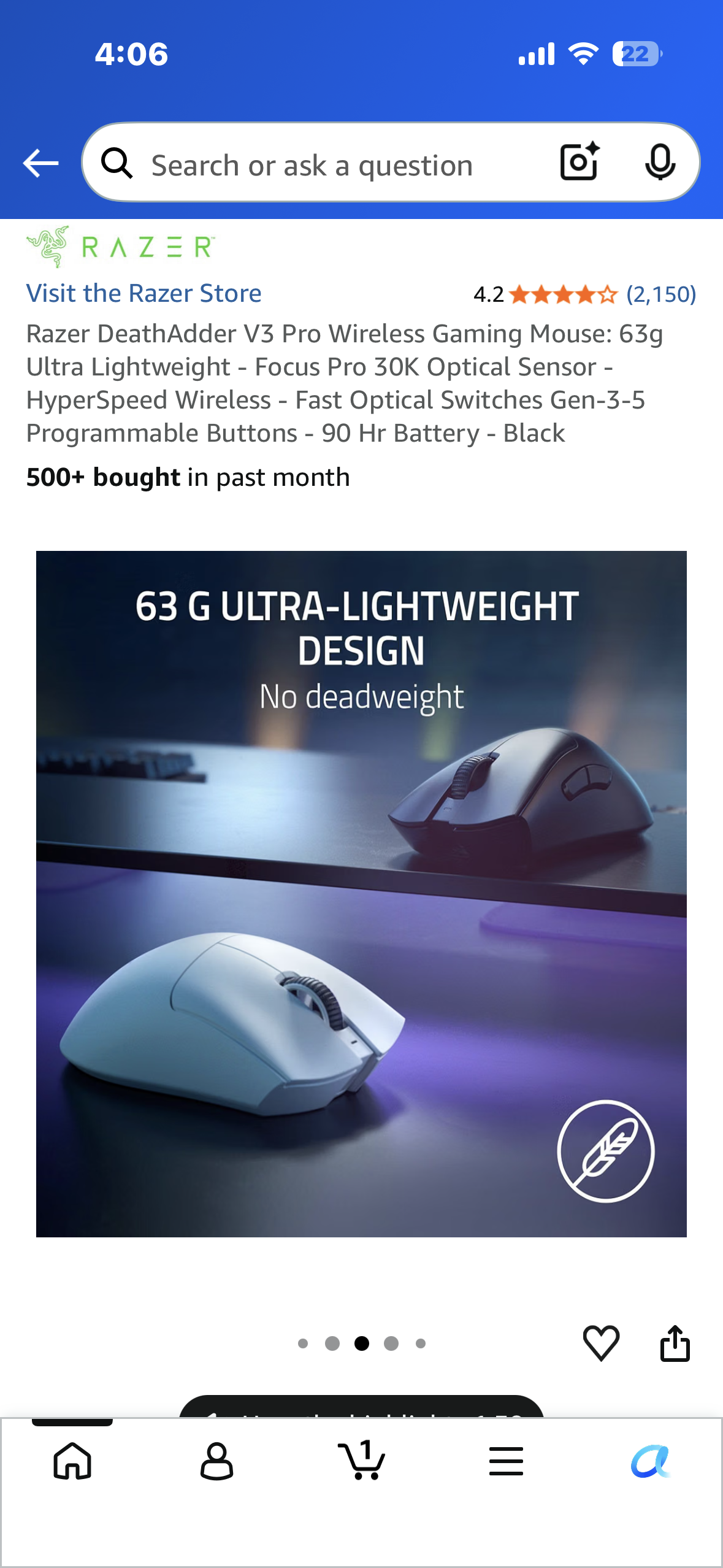Razer DeathAdder V3 Pro Wireless Gaming Mouse: 63g Ultra Lightweight - Focus Pro 30K Optical Sensor - HyperSpeed Wireless - Fast Optical Switches Gen-3-5 Programmable Buttons - 90 Hr Battery - Black