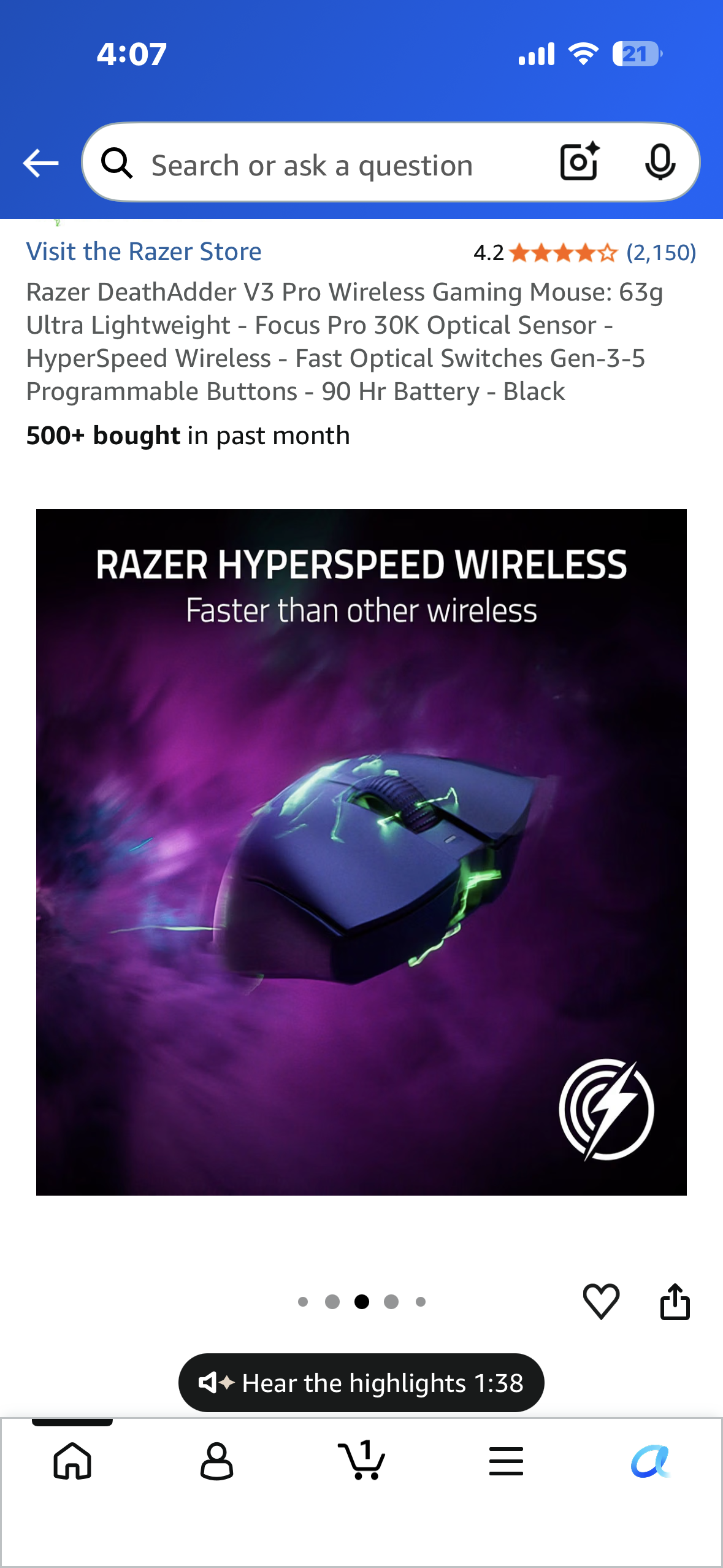 Razer DeathAdder V3 Pro Wireless Gaming Mouse: 63g Ultra Lightweight - Focus Pro 30K Optical Sensor - HyperSpeed Wireless - Fast Optical Switches Gen-3-5 Programmable Buttons - 90 Hr Battery - Black