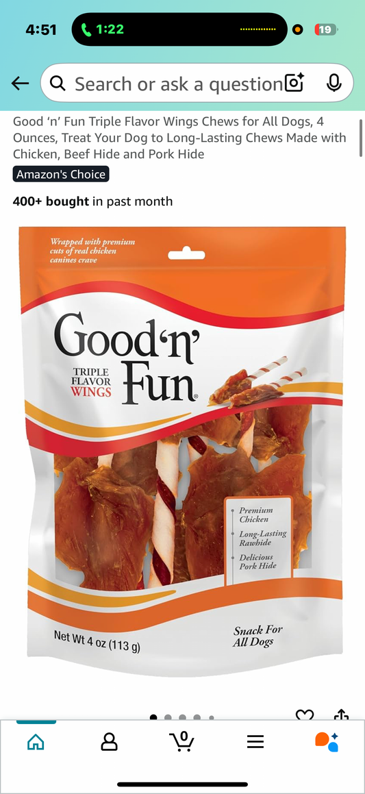 Good ‘n’ Fun Triple Flavor Wings Chews for All Dogs, 4 Ounces, Treat Your Dog to Long-Lasting Chews Made with Chicken, Beef Hide and Pork Hide