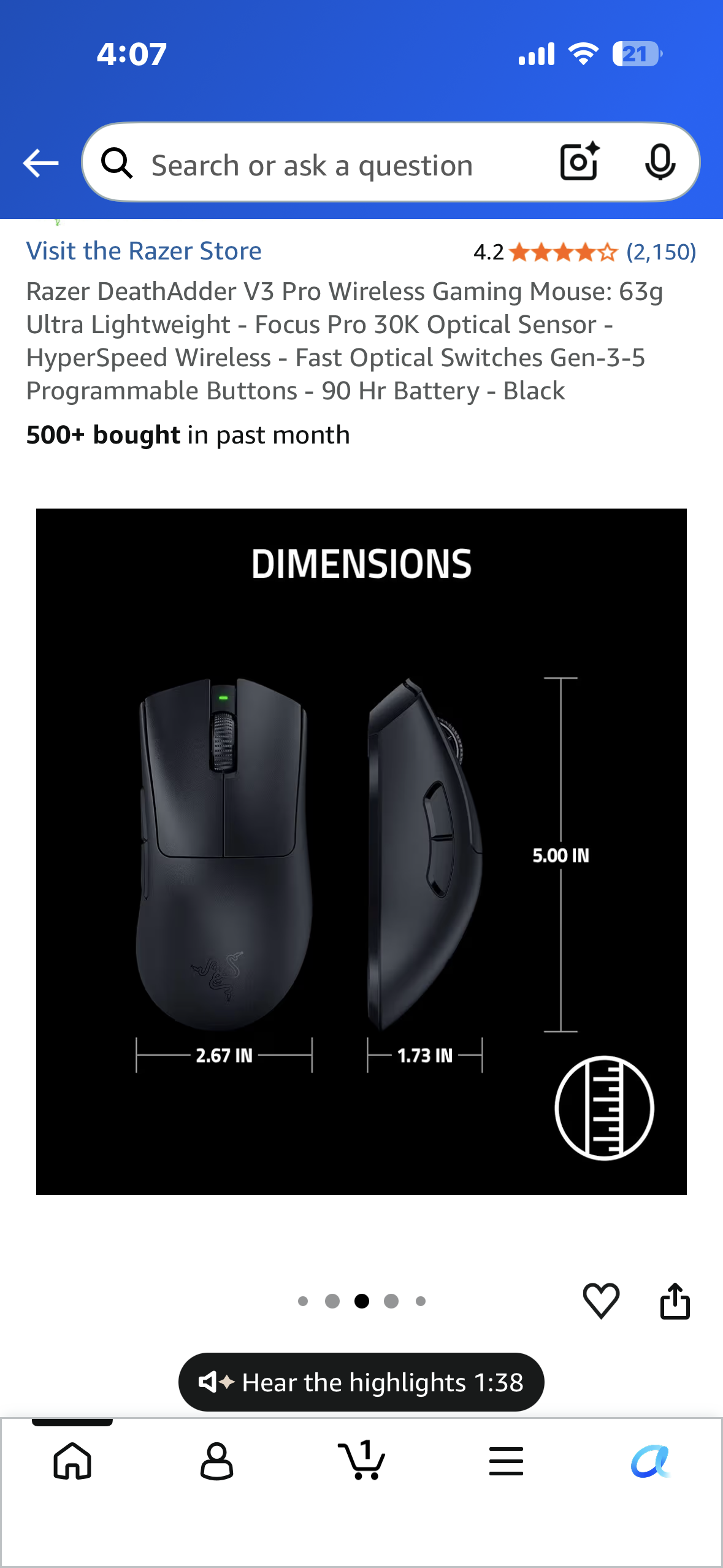 Razer DeathAdder V3 Pro Wireless Gaming Mouse: 63g Ultra Lightweight - Focus Pro 30K Optical Sensor - HyperSpeed Wireless - Fast Optical Switches Gen-3-5 Programmable Buttons - 90 Hr Battery - Black