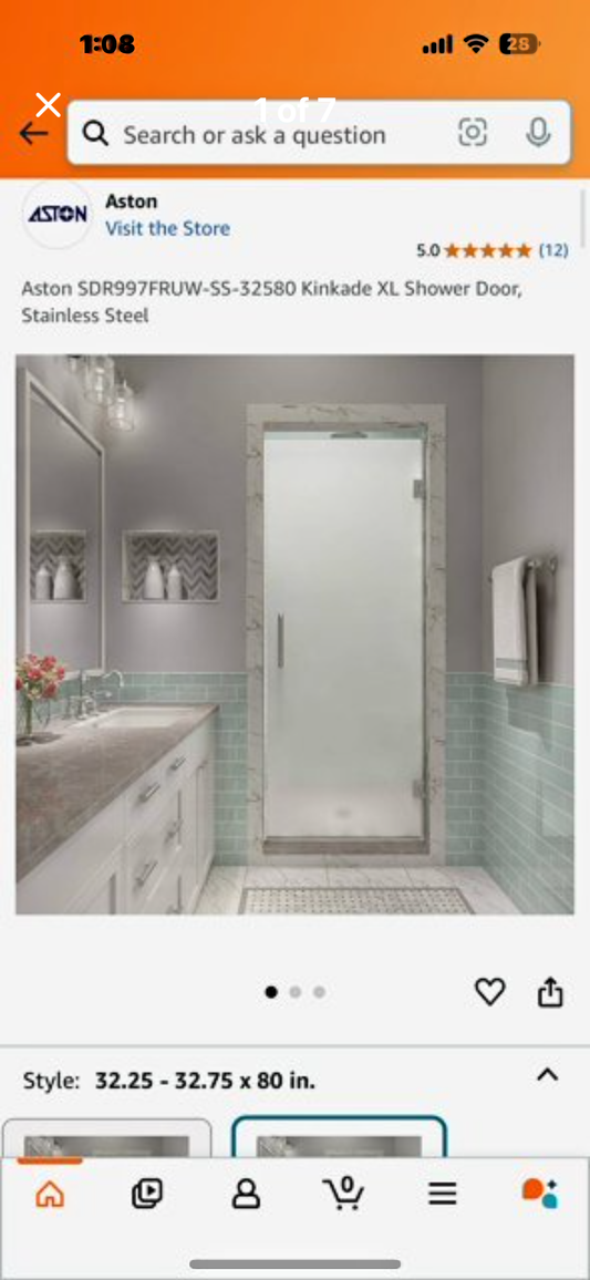 New - Aston Kinkade XL Shower Door, Stainless Steel, SDR997FRUW-SS-32580 (B462)