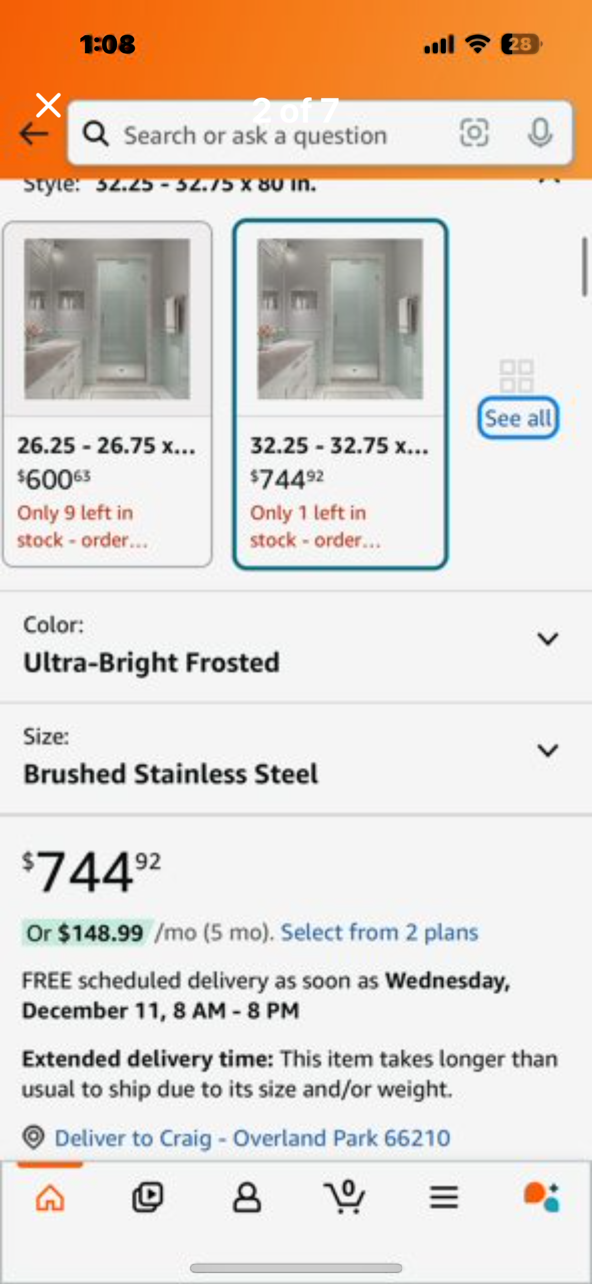 New - Aston Kinkade XL Shower Door, Stainless Steel, SDR997FRUW-SS-32580 (B462)