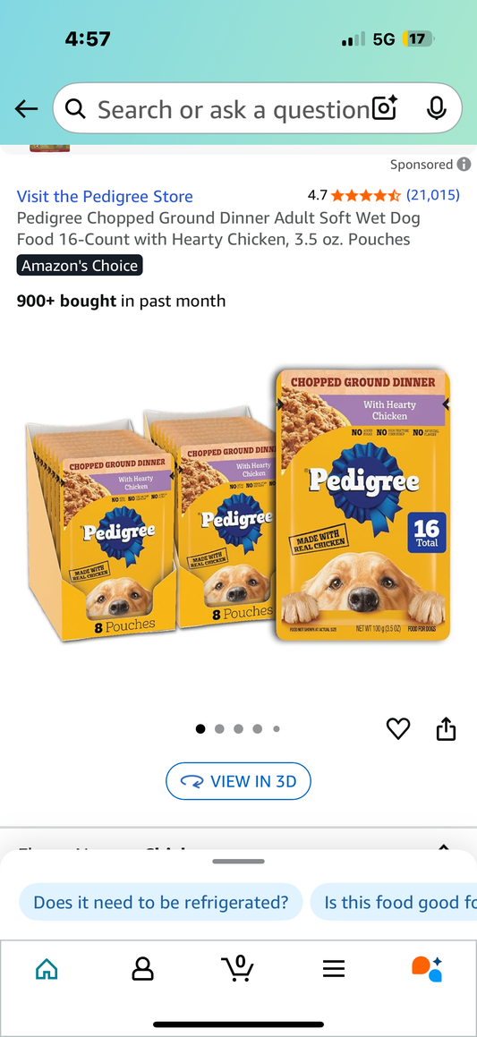 Pedigree Chopped Ground Dinner Adult Soft Wet Dog Food 14 Count with Hearty Chicken, 3.5 oz. Pouches