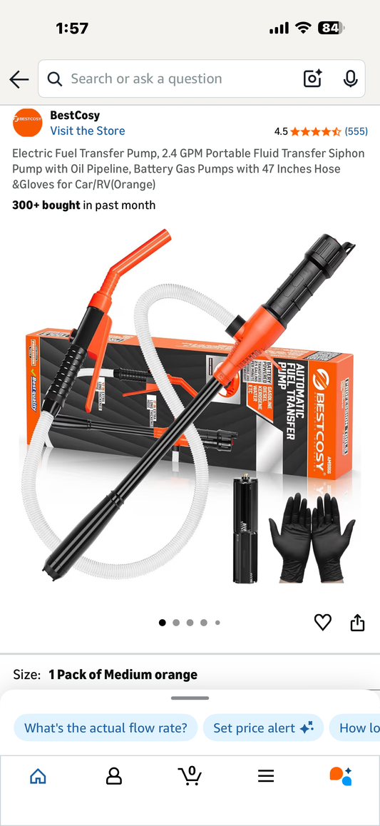 Electric Fuel Transfer Pump, 2.4 GPM Portable Fluid Transfer Siphon Pump with Oil Pipeline, Battery Gas Pumps with 47 Inches Hose &Gloves for Car/RV(Orange
