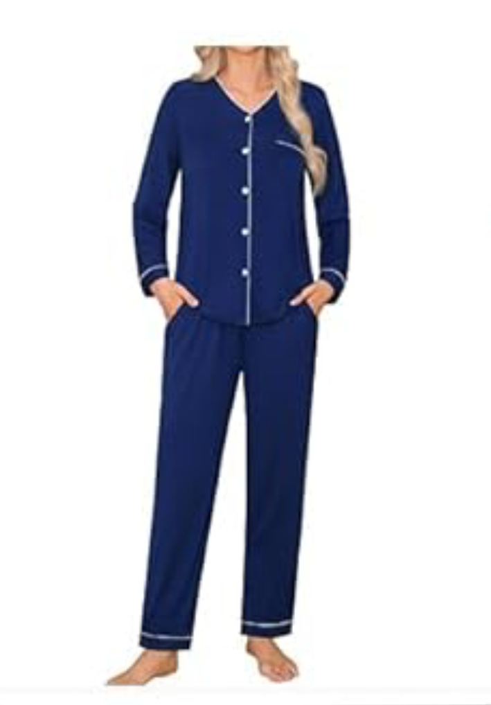 Soft Womens Pajamas Sets Long Sleeve Modal Loungewear Set V-Neck Button Down Sleepwear Bridesmaid Pajamas, Navy (Size Large)