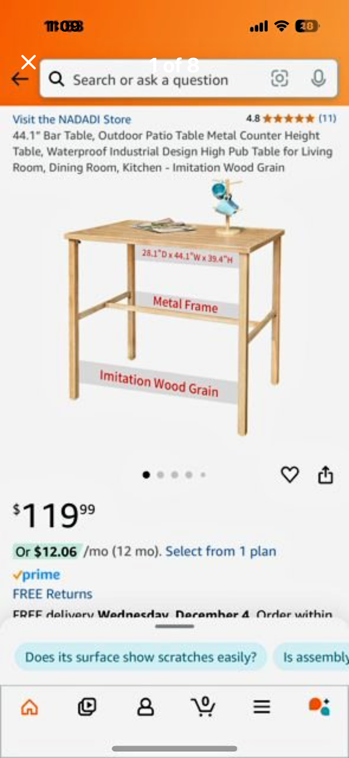 New - 44.1” Outdoor Patio Table Metal Counter Height Bar Table, Waterproof, Industrial Design, High Pub Table for Living Room, Dining Room, Kitchen - Imitation Wood Grain (L435)