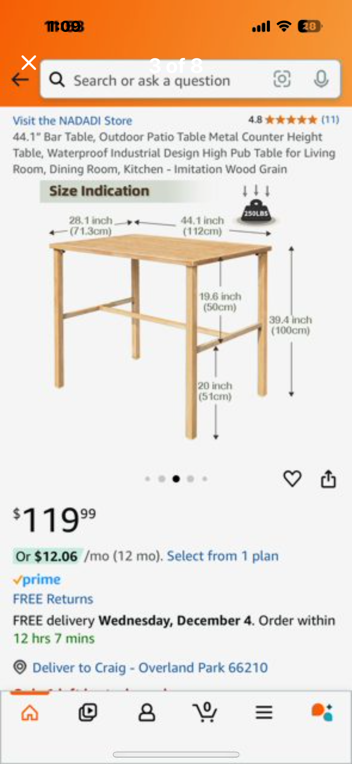 New - 44.1” Outdoor Patio Table Metal Counter Height Bar Table, Waterproof, Industrial Design, High Pub Table for Living Room, Dining Room, Kitchen - Imitation Wood Grain (L435)