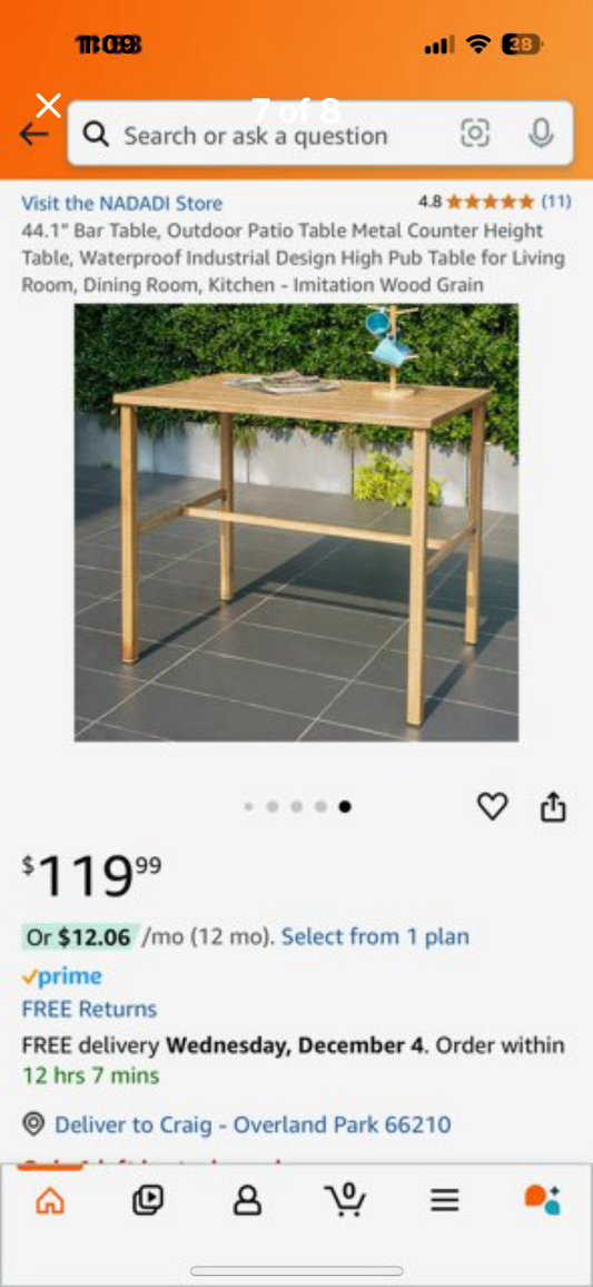 New - 44.1” Outdoor Patio Table Metal Counter Height Bar Table, Waterproof, Industrial Design, High Pub Table for Living Room, Dining Room, Kitchen - Imitation Wood Grain (L435)