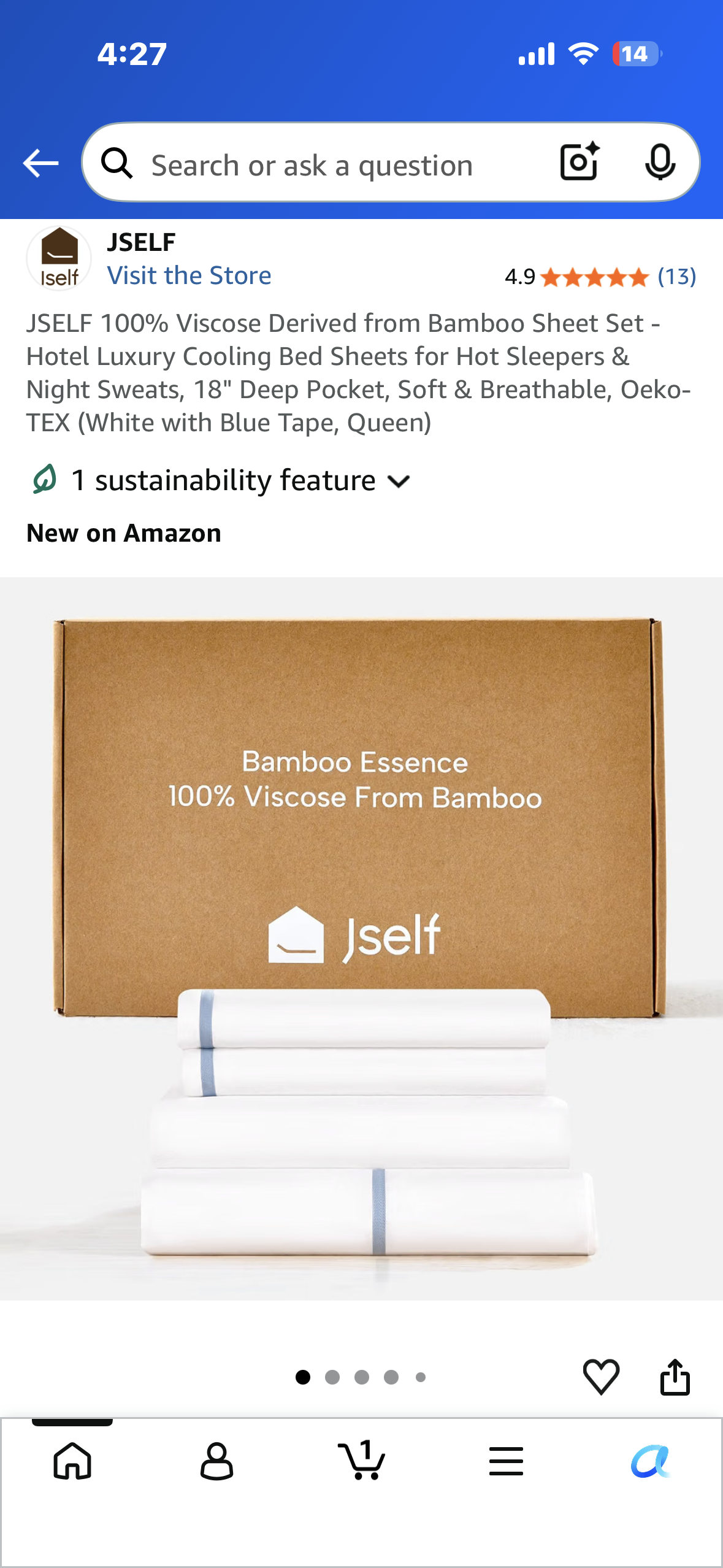 JSELF 100% Viscose Derived from Bamboo Sheet Set - Hotel Luxury Cooling Bed Sheets for Hot Sleepers & Night Sweats, 18" Deep Pocket, Soft & Breathable, Oeko-TEX (White with Blue Tape, Queen)